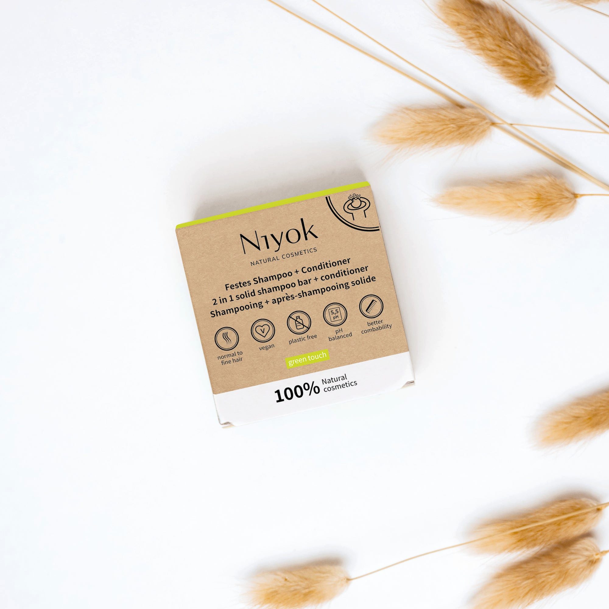 Niyok Festes Haarshampoo 2-in-1 Festes Shampoo + Conditioner Plastikfrei & Vegan, Nachhaltiges Shampoo & Spülung, PH-Neutral, normales & feines Haar