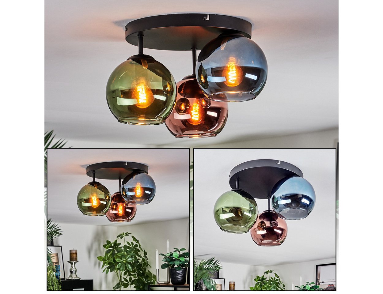 hofstein Deckenleuchte Deckenlampe aus Metall/Glas in Schwarz/Blau/Grün/Kupferfarben, ohne Leuchtmittel, Deckenleuchte im Retro/Vintage-Design (Schirme Ø 15 cm), 3 x E14