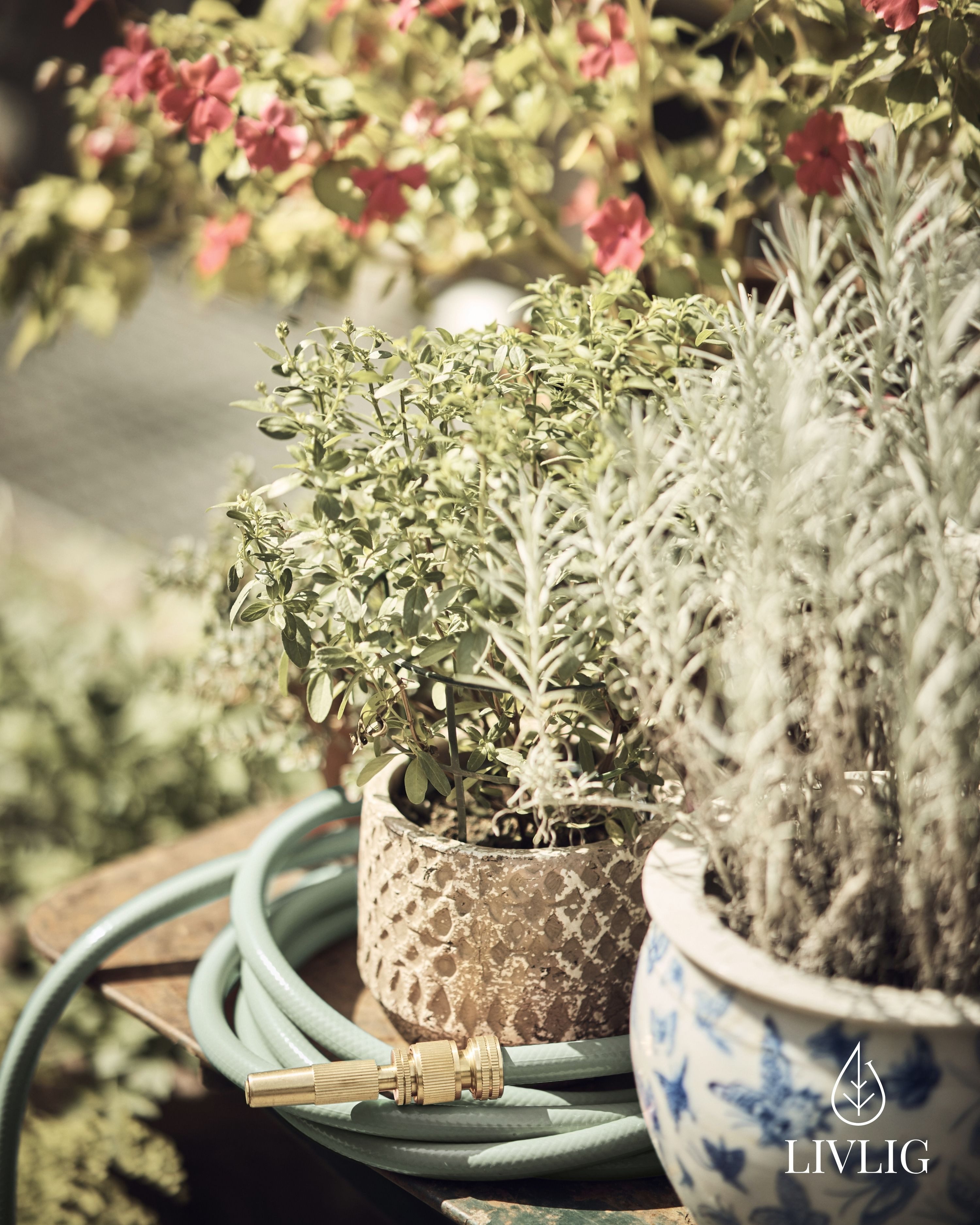LIVLIG Gartenschlauch im Set, Schöner Gartenschlauch, Wandhalterung, Spritze, Grün