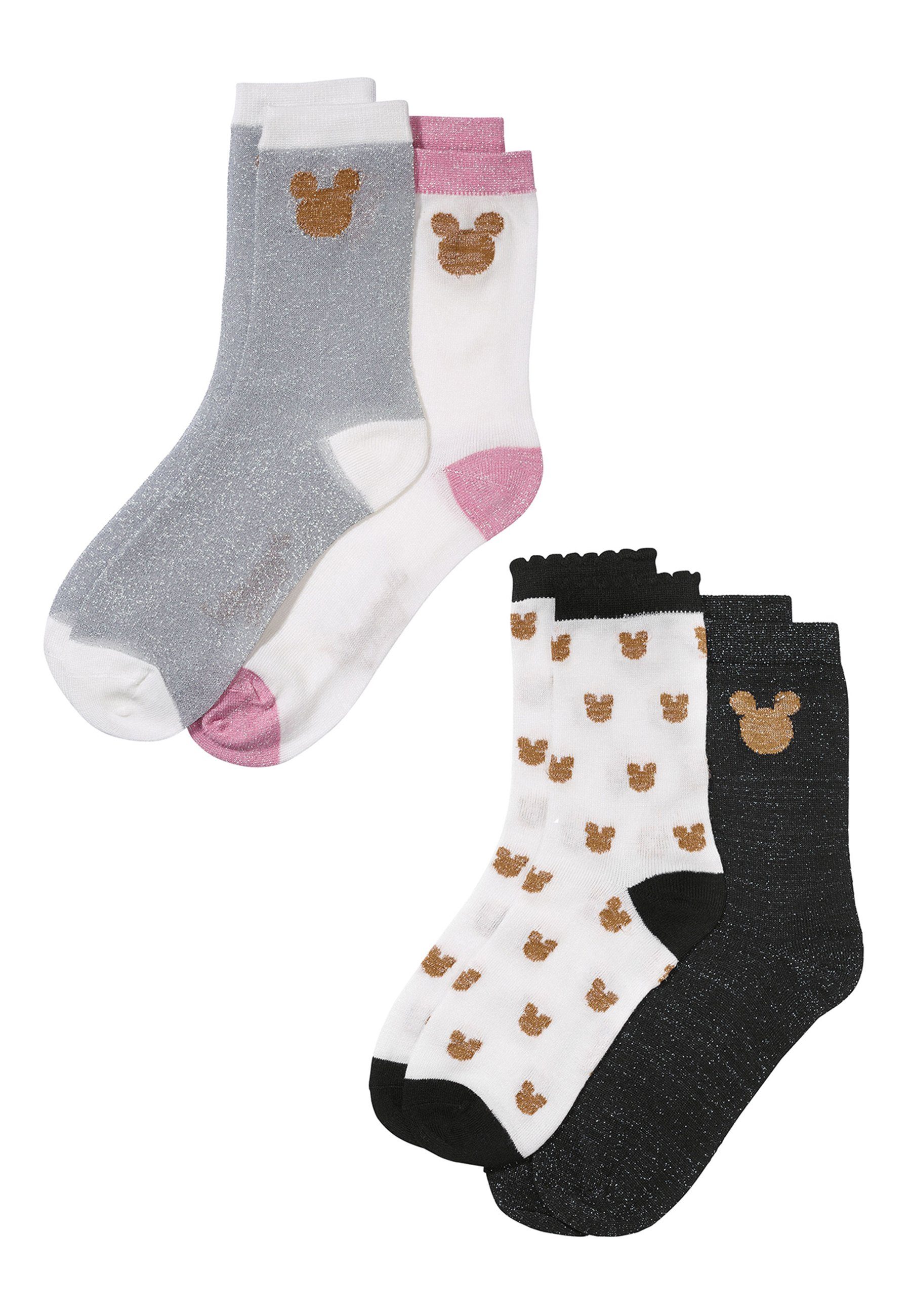 4er Damen (4-Paar) Mouse Strümpfe Socken rosa/schwarz ONOMATO! Pack Socken Mickey