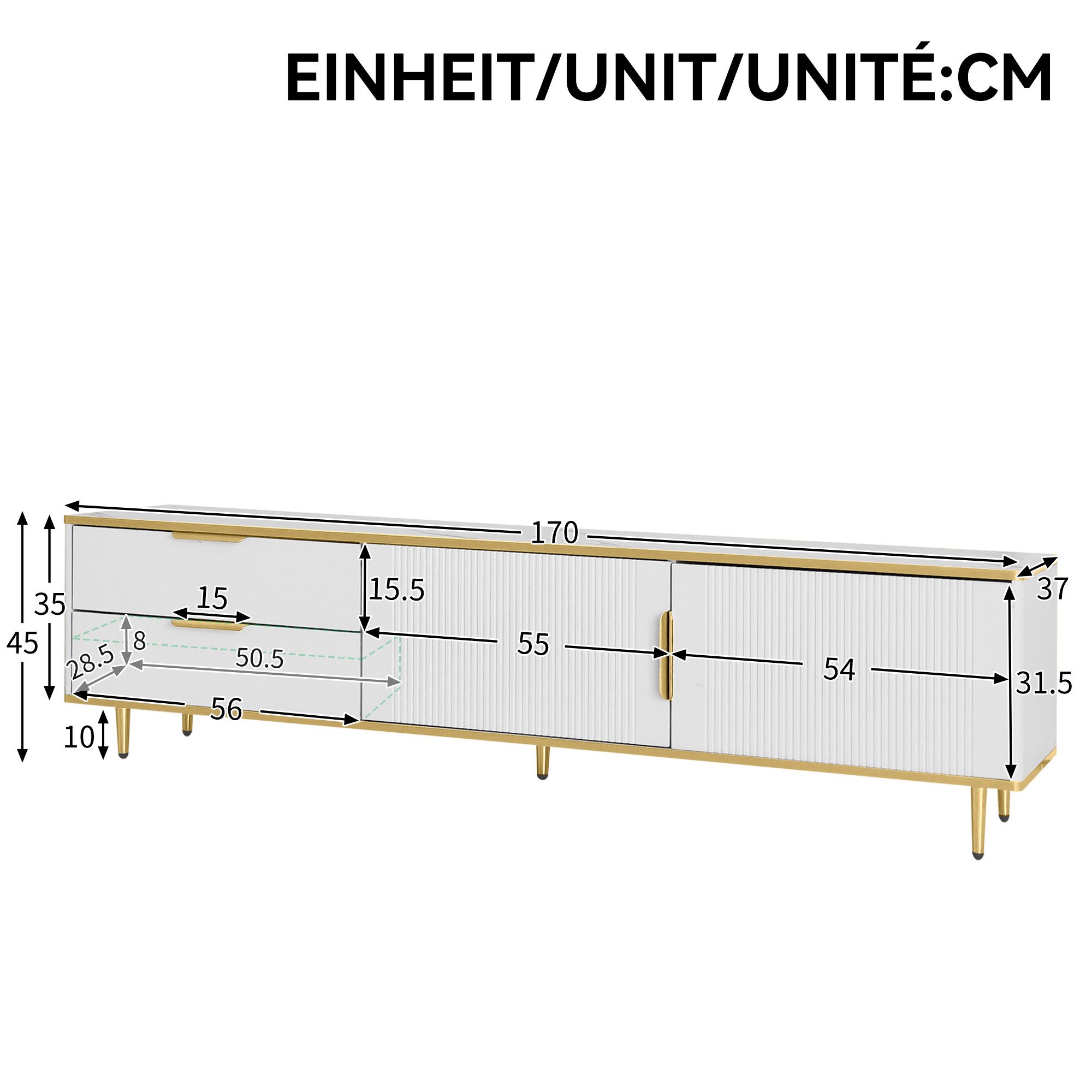 REDOM Lowboard TV-Schrank mit Stauraum, modern und elegant, in Weiß und Gold (Fernsehtisch, TV-Board mit Marmorstruktur, 170 cm breit), geschnitzter Textur,goldenen Griffen und Füßen