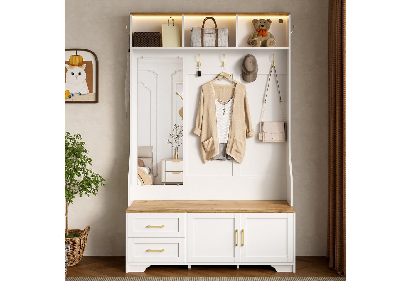 Merax Garderoben-Set mit LED-Beleuchtung inkl. App, (120 x 187 x 40 cm, 1-St., Möbelset Garderobenschrank Eingangsbereich-Schrank), Garderobenkombination mit Spiegel, Sitzbank, Haken & Ablagefächern