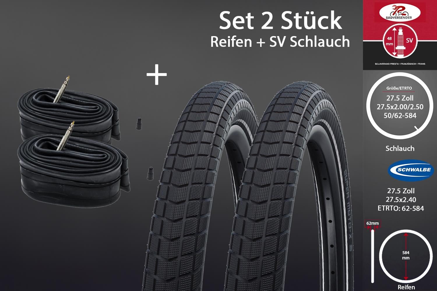 Fahrradreifen 2 Stück SCHWALBE Super Reifen 27.5x2.40 Reflex 62-584 Set Schlauch SV