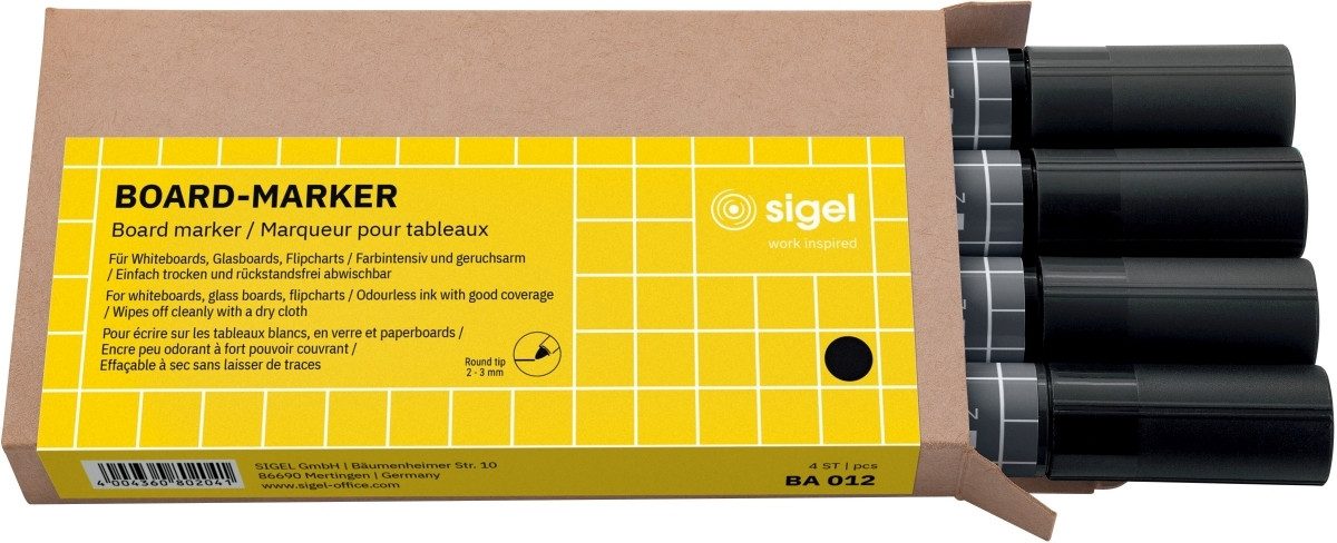 Sigel Whiteboard Marker Board-Marker Rundspitze 2-3mm Tinte schwarz 4 Stück