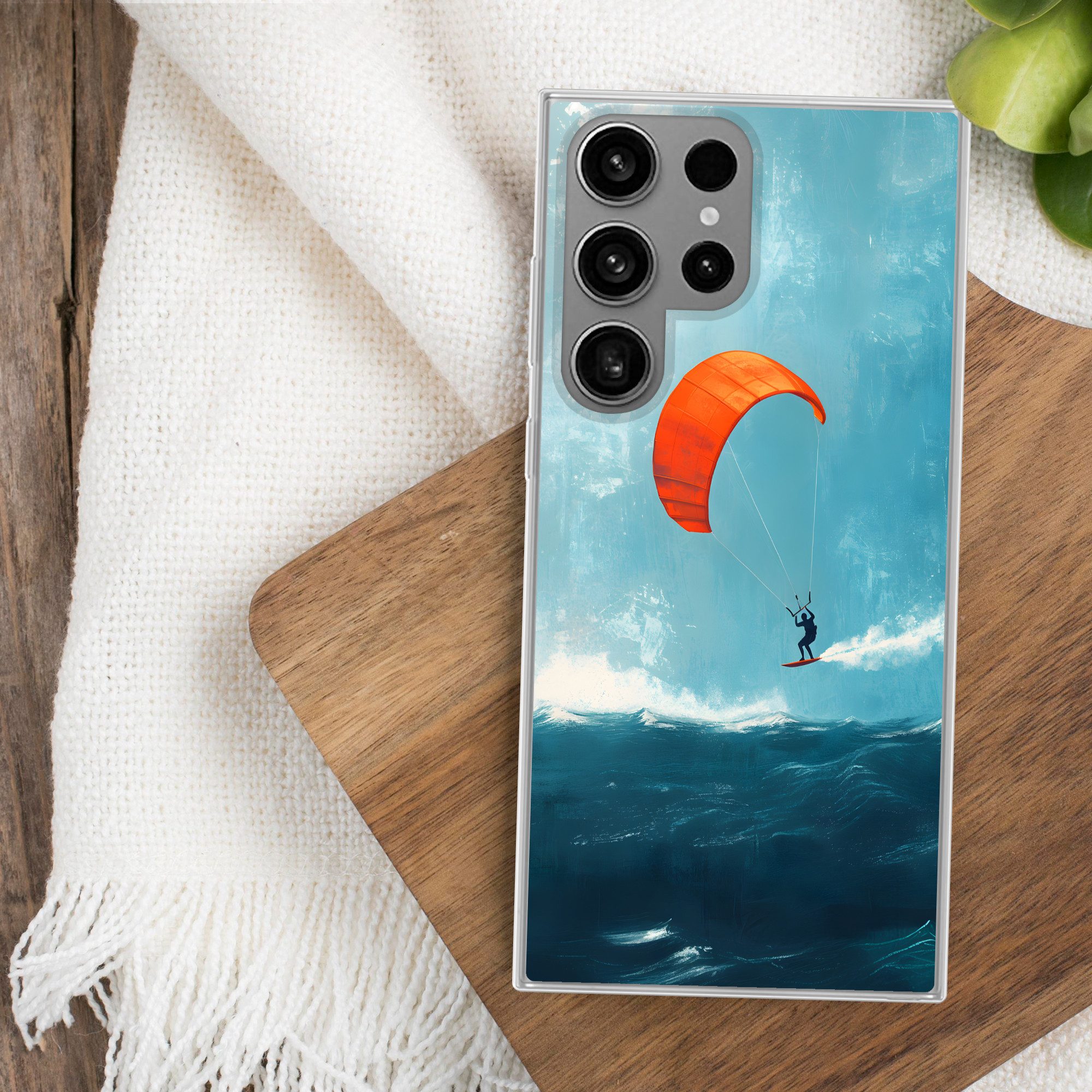 MuchoWow Handyhülle für Samsung Galaxy S23 Ultra Kitesurfer - Orange - Meer - Himmel