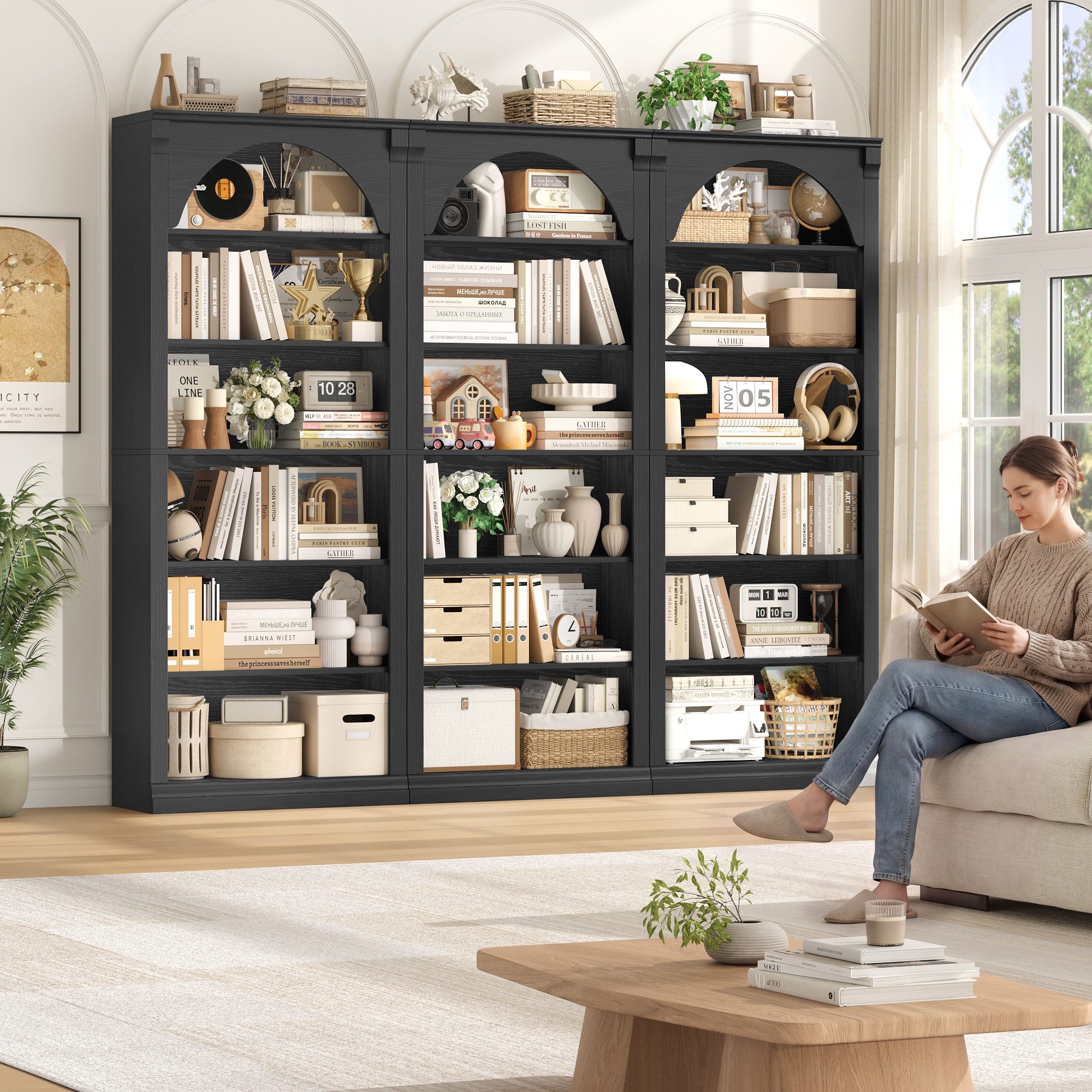 Homfa Bücherregal gewölbtes Bücherschrank, Standregal mit 6 Fächern 75x28x186cm Schwarz