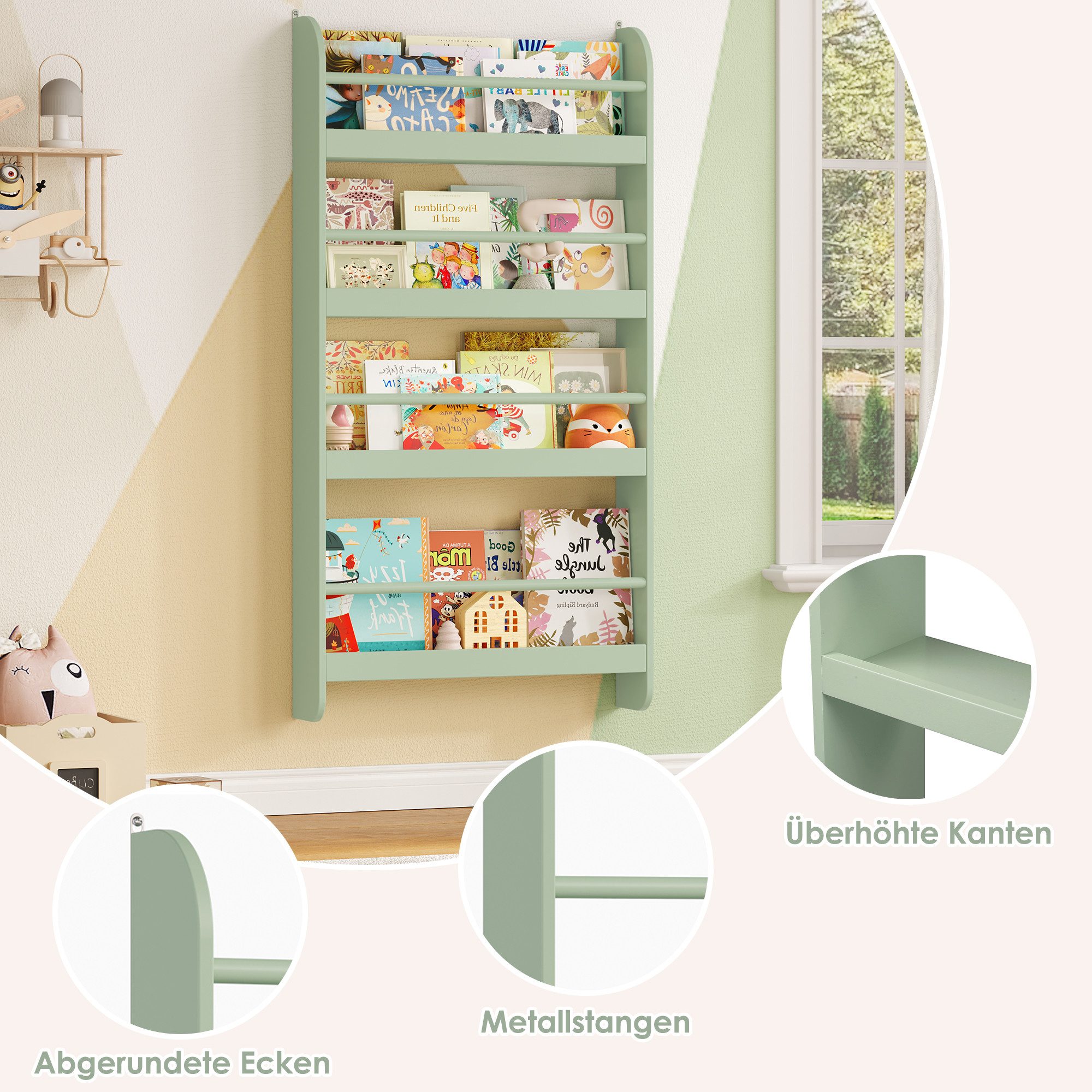 Homfa Kinderregal Kinderbücherregal Wandregal, Bücherregal mit 4 Ablagen aus Holz 112x58x12 cm – Bild 4 von 5