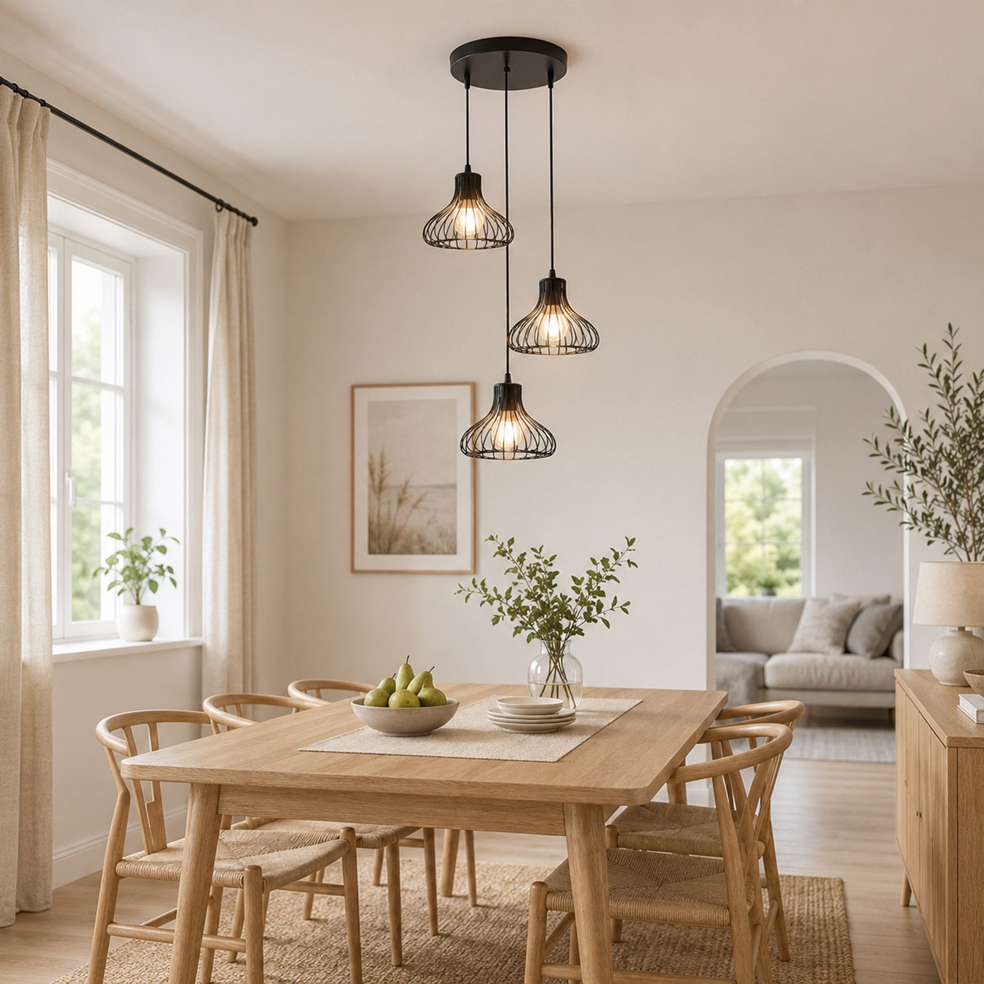 Fyrove Deckenleuchte Pendelleuchte 3-flammig schwarz, Vintage Hängelampe mit Metallkäfig, ohne Leuchtmittel, Offenes Metallkafig-Design, E27(Gluhbirne nicht enthalten), höhenverstellbare Esstischlampe für Küche Esszimmer Wohnzimmer