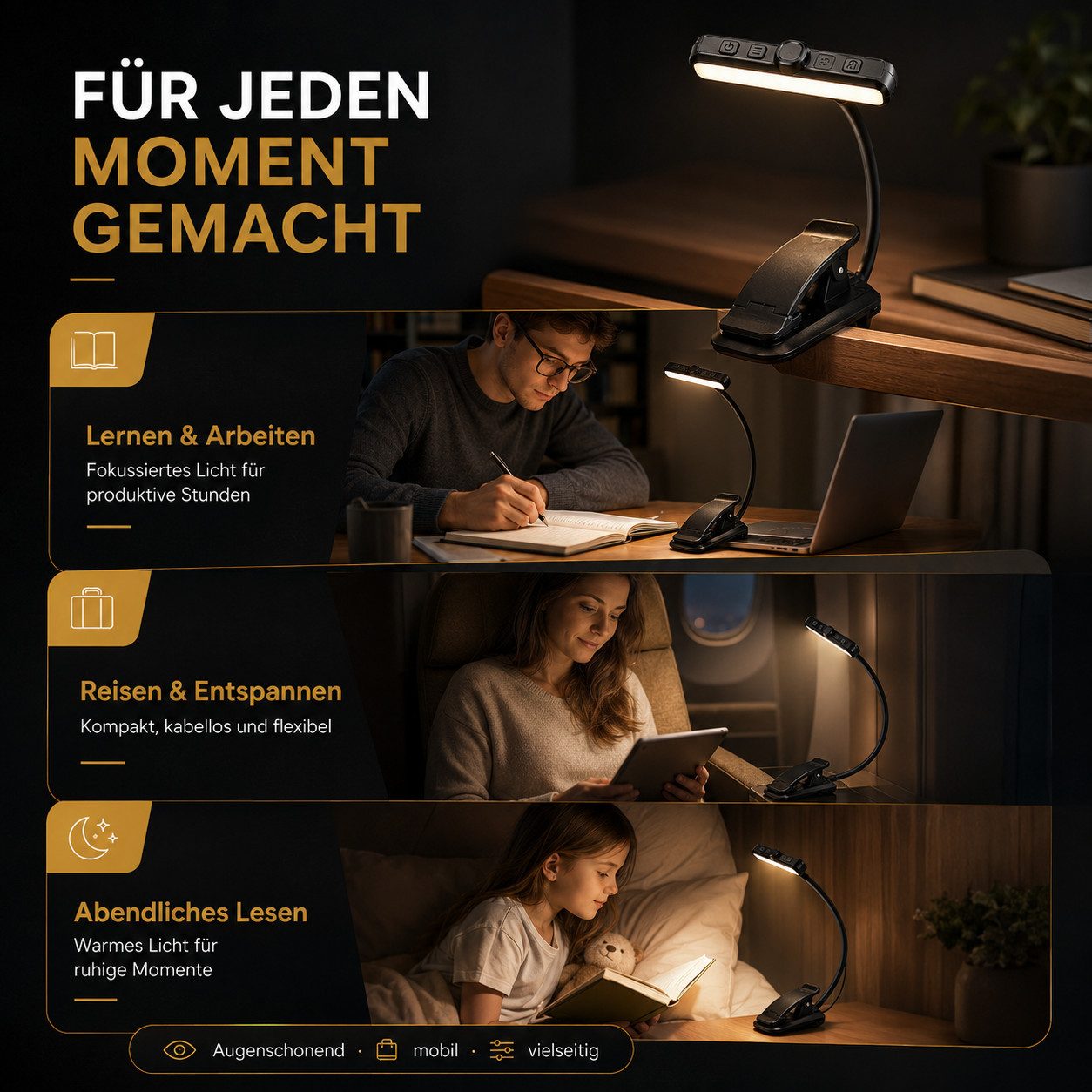 Fyrove LED Leselampe LED Leselampe mit Klemme, 24 LEDs, 3 Lichtfarben 5 Helligkeitsstufen, stufenlos dimmbar, 1000 mAh Akku, USB-C, 315° drehbare Klemmleuchte,  – Bild 5 von 5
