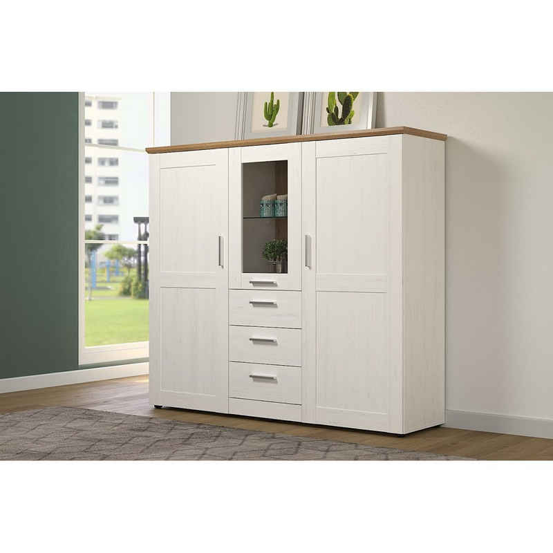 trendteam Vitrine Kommode Beistellschrank Vitrinenschrank Weiß/Braun 159x140x41cm