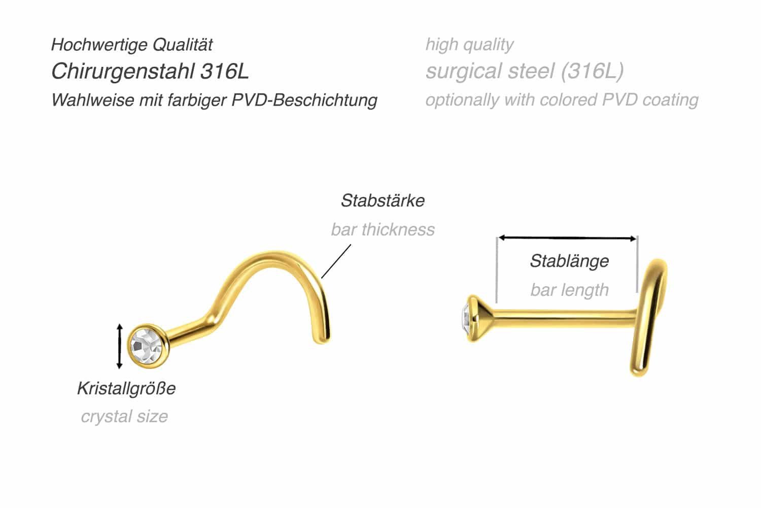 PIERCINGLINE Nasenpiercing Chirurgenstahl Nasenstecker Spirale FLACHER KRISTALL (Nasenstecker, 1-tlg)