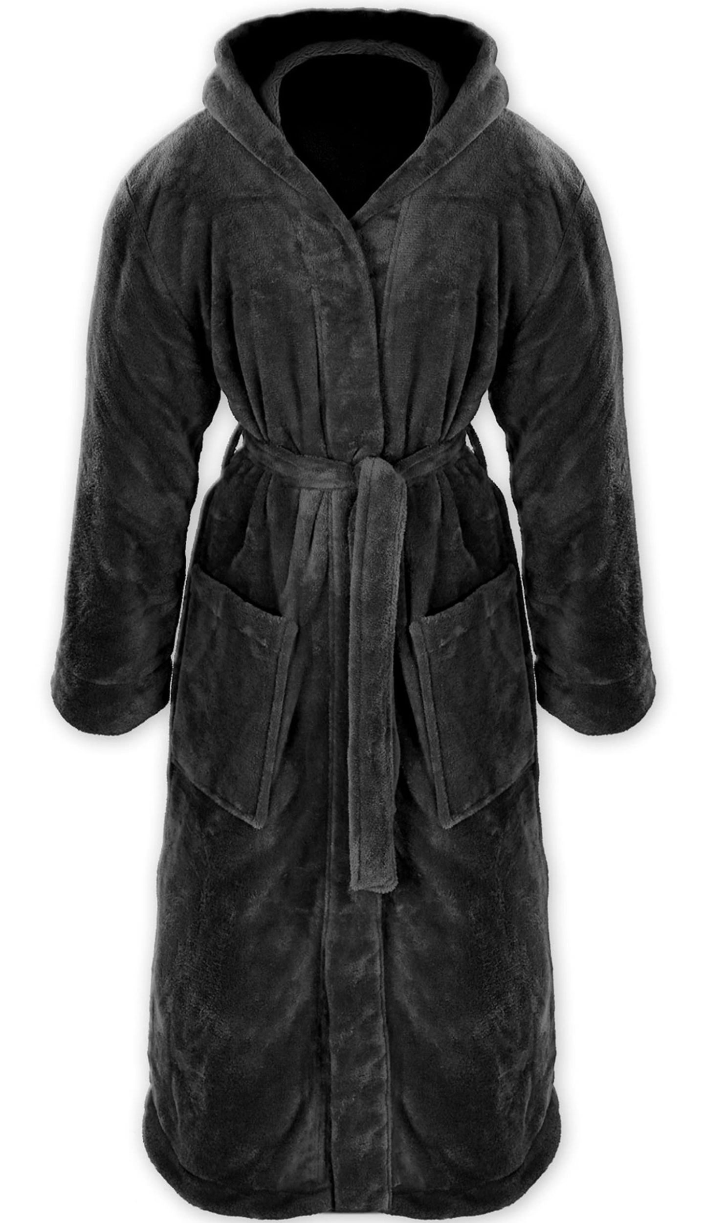 Gräfenstayn Unisex-Bademantel - Bademantel Herren mit Kapuze - Flanell-Fleece Unisex, warm & kuschelig, Waden bis Knöchellang, Fronttaschen, Gürtel, S-XXXL