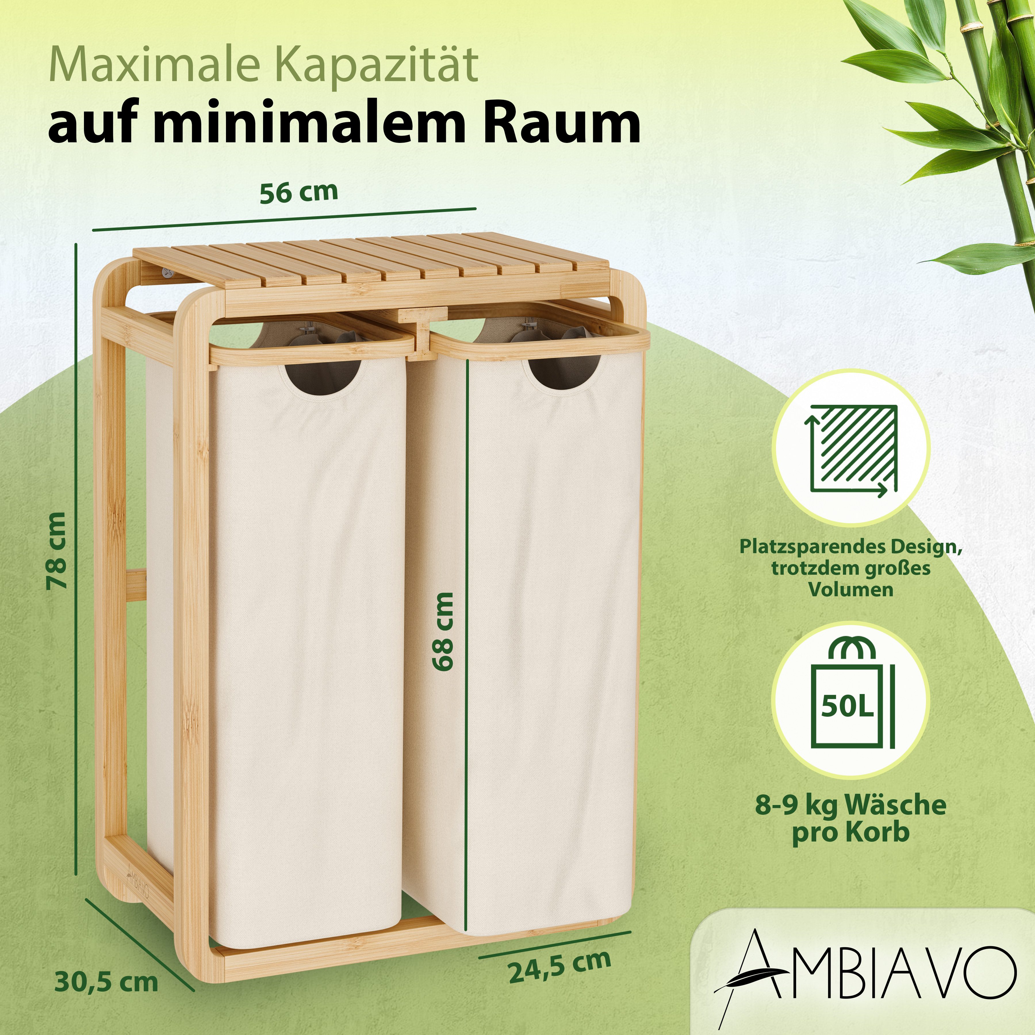 AMBIAVO Wäschekorb 2 Fächer mit waschbaren Baumwollsäcken, 100 L Volumen, stabiler 3x3 cm Bambusrahmen, innovatives Design