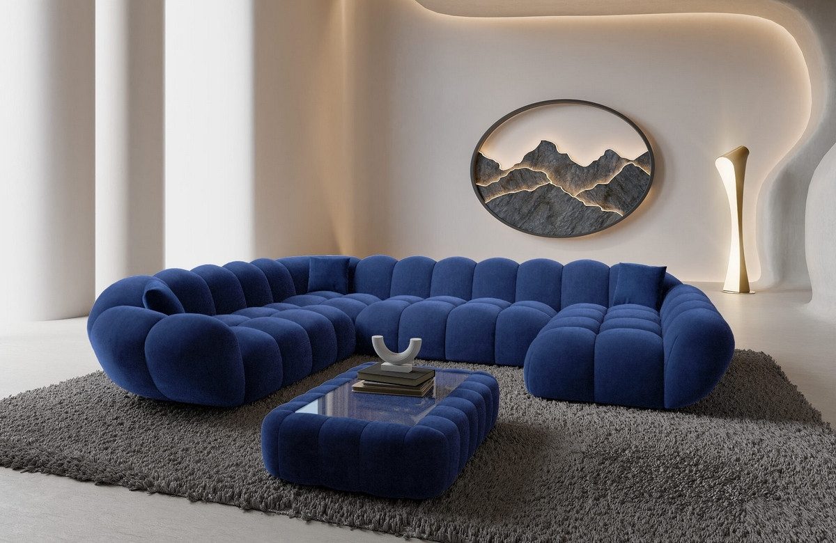 Sofa Dreams Wohnlandschaft Maleron XXL Polster Couch, Stoffsofa, 6-Sitzer, Ottomane rechts, Samtstoff in Dunkelblau