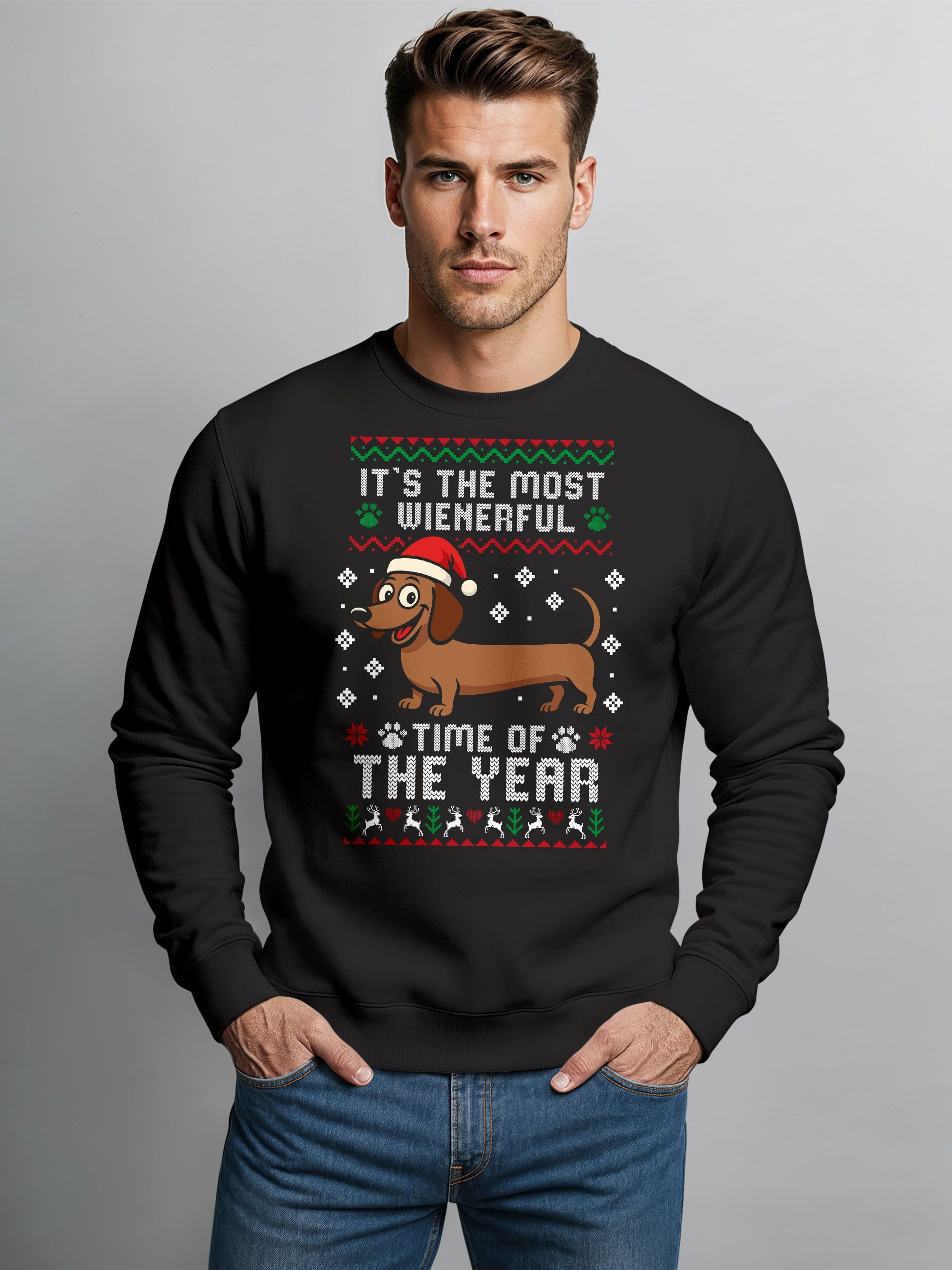MoonWorks Sweatshirt Sweatshirt Herren Weihnachtspullover Ugly Christmas Sweater Dackel