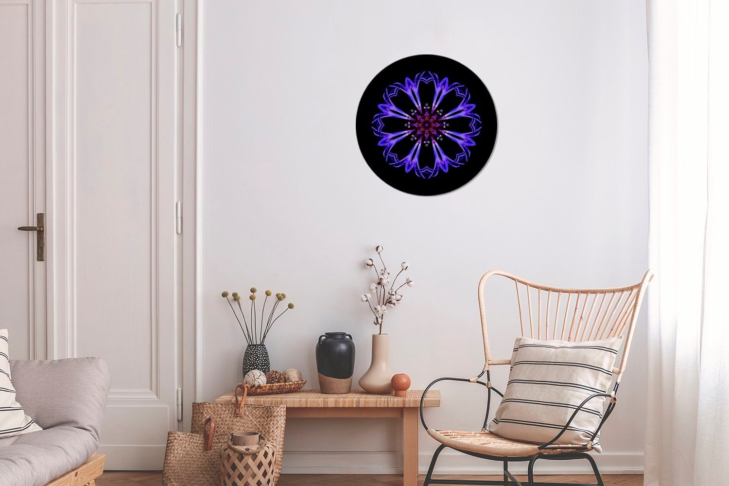 Wanddekoration Ein St), blaues schwarzem Wandbild, Hintergrund, auf cm Wohnzimmer, Gemälde MuchoWow Kreis (1 Blumenmandala 30x30 Rundes Forex,
