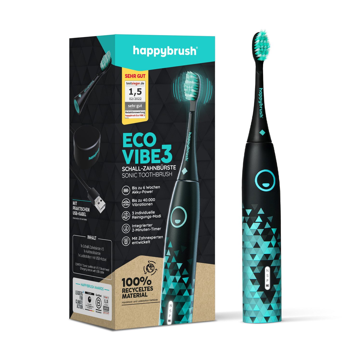 happybrush Schallzahnbürste Eco Vibe 3 Black-Mint Einzelpack, Aufsteckbürsten: 1 St., Eco Vibe 3, 2 Jahre Garantie