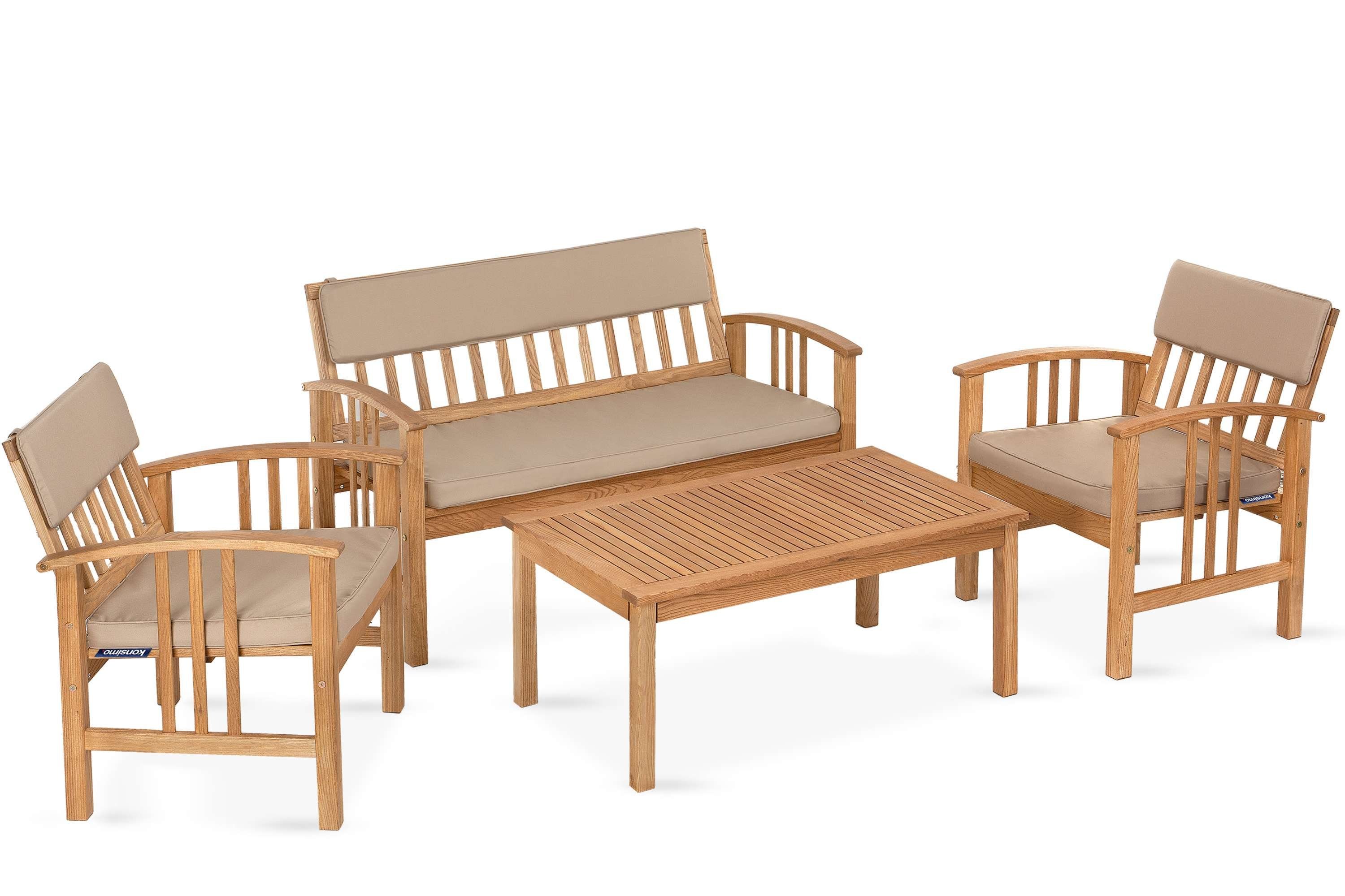 KONSIMO® Gartenlounge-Set TIMIDUS Gartengarnitur aus Massivholz, handgefertigt in der EU, (4-tlg., 1x Tisch, 1x Sofa, 2x Sessel), mit Auflage, Eschenholz, FSC-Zertifikat, Premium-Qualität