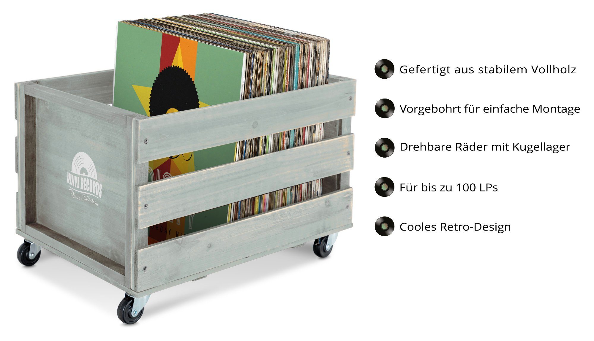 Stagecaptain Holzkiste SPK-100 "Emil" Schallplattenkiste, für bis zu 100 LPs - aus Vollholz im Retro-Design