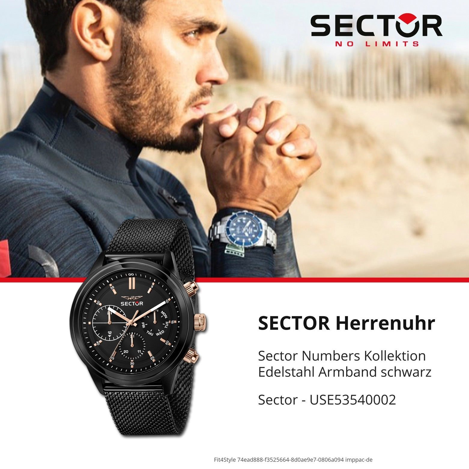 Sector (43mm) schwarz, Herren Armbanduhr Herren Multifunkt, Sector rund, groß Armbanduhr Fashion Multifunktionsuhr Edelstahlarmband