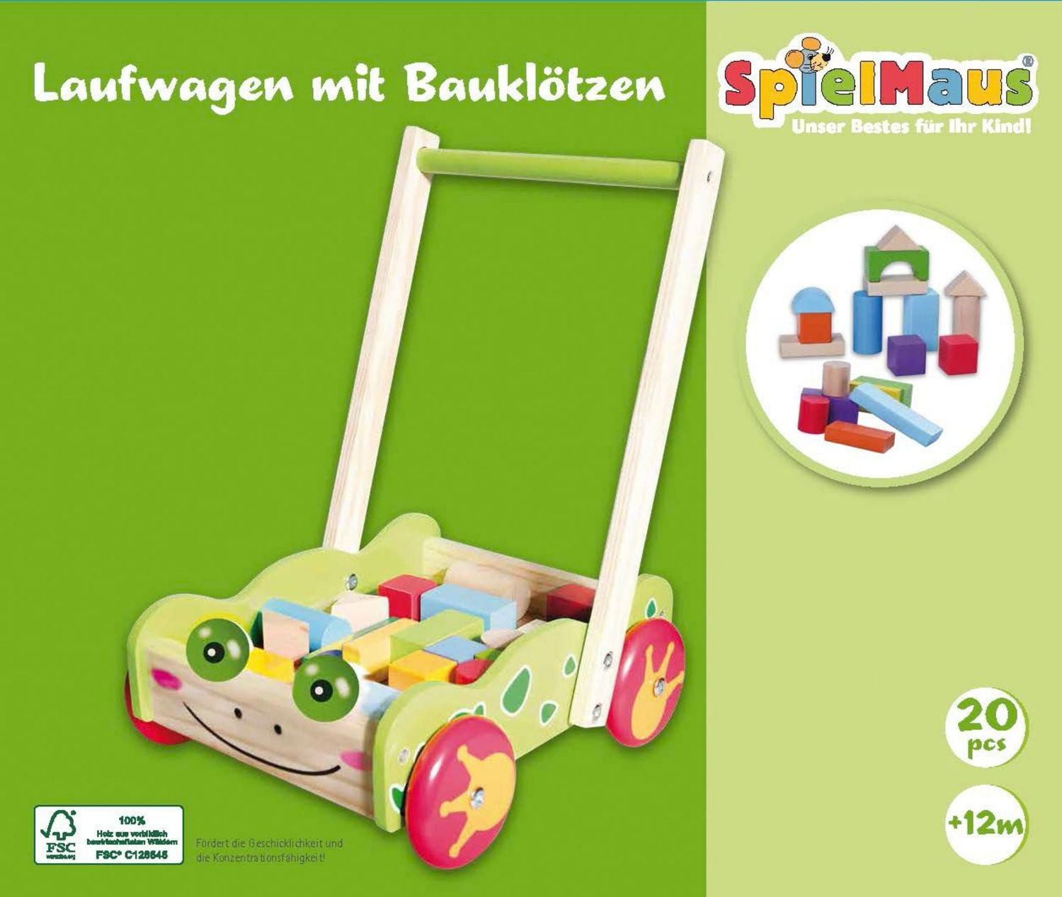 Kinderfahrzeug-Anhänger SpielMaus Holz Laufwagen mit Bauklötzen, 20 Stück
