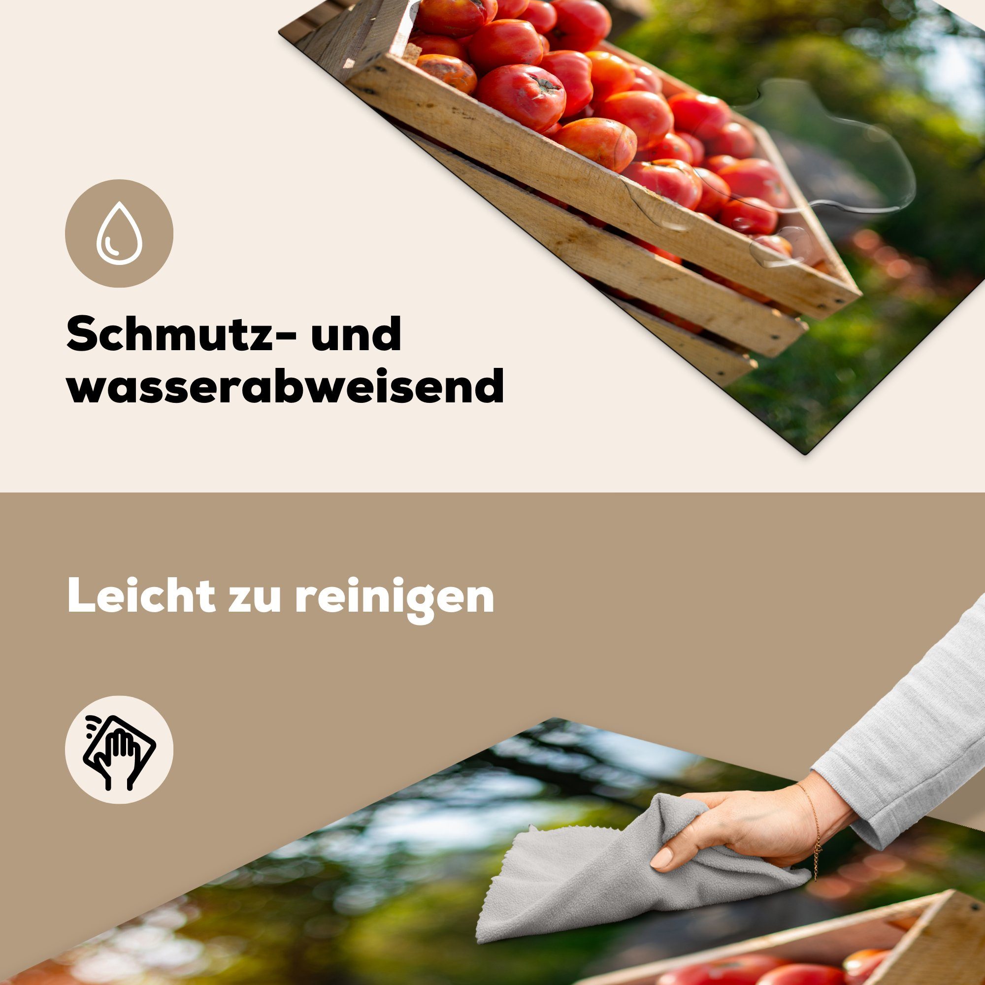 einer Herdblende-/Abdeckplatte küche, tlg), Tomaten in Ceranfeldabdeckung (1 und Vinyl, Induktionskochfeld MuchoWow Schutz cm, für die Holzkiste die Rote 81x52 Sonne,