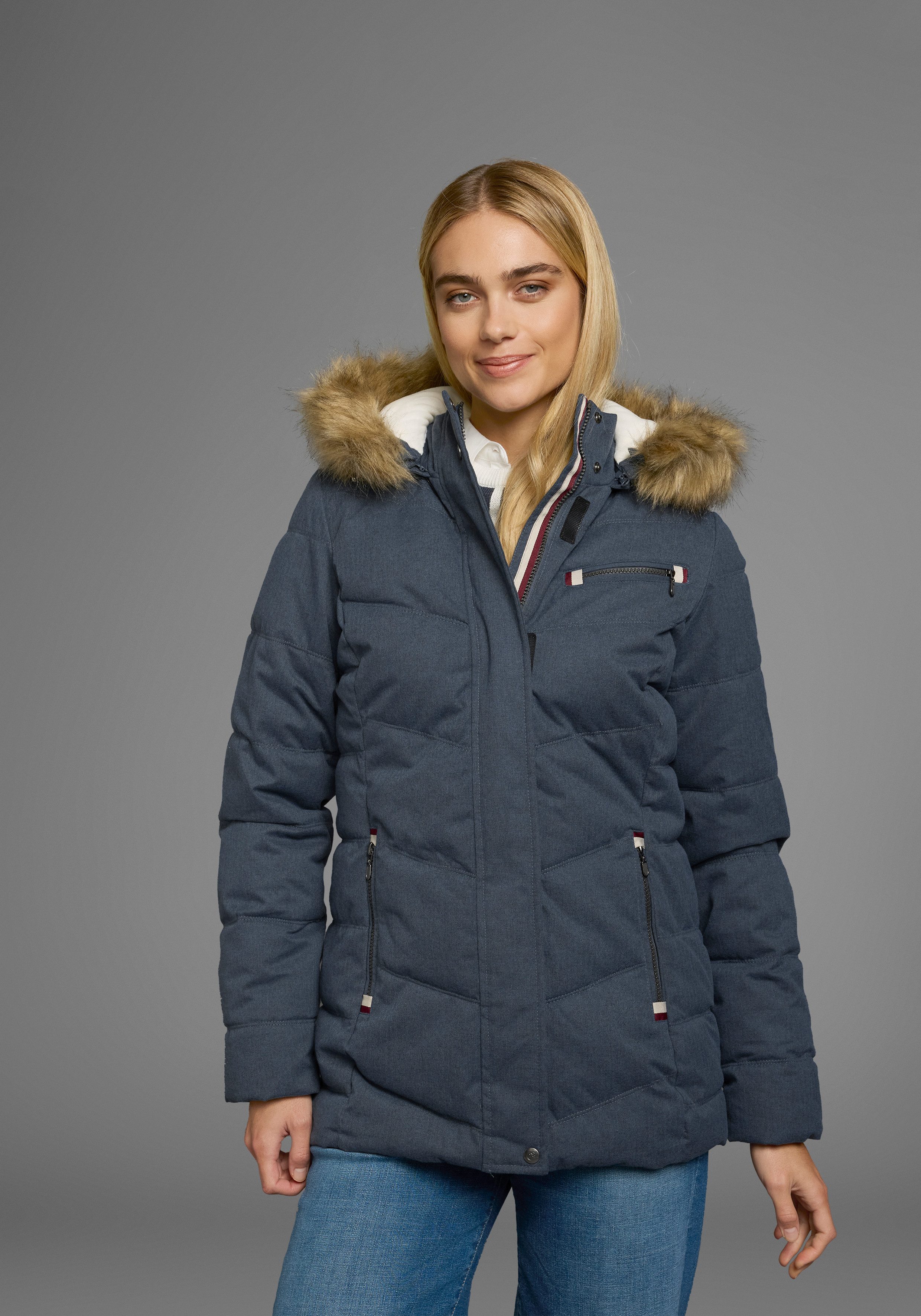 Polarino Steppjacke mit abnehmbarer Kapuze, mit Fellimitat, viele Taschen günstig online kaufen