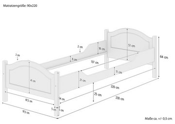 ERST-HOLZ Einzelbett Massivholz-Einzelbett Kiefer Überlänge 90x200 mit Rollrost, Kieferfarblos lackiert