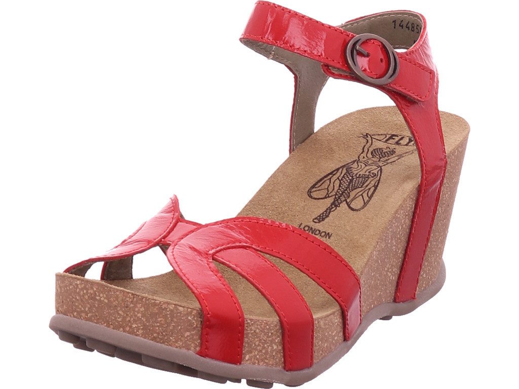 Sandales Fly London Guse Femme - Talon Cunéiforme, Semelle Plate, Rouge Cuir - Neuf Avec Boite