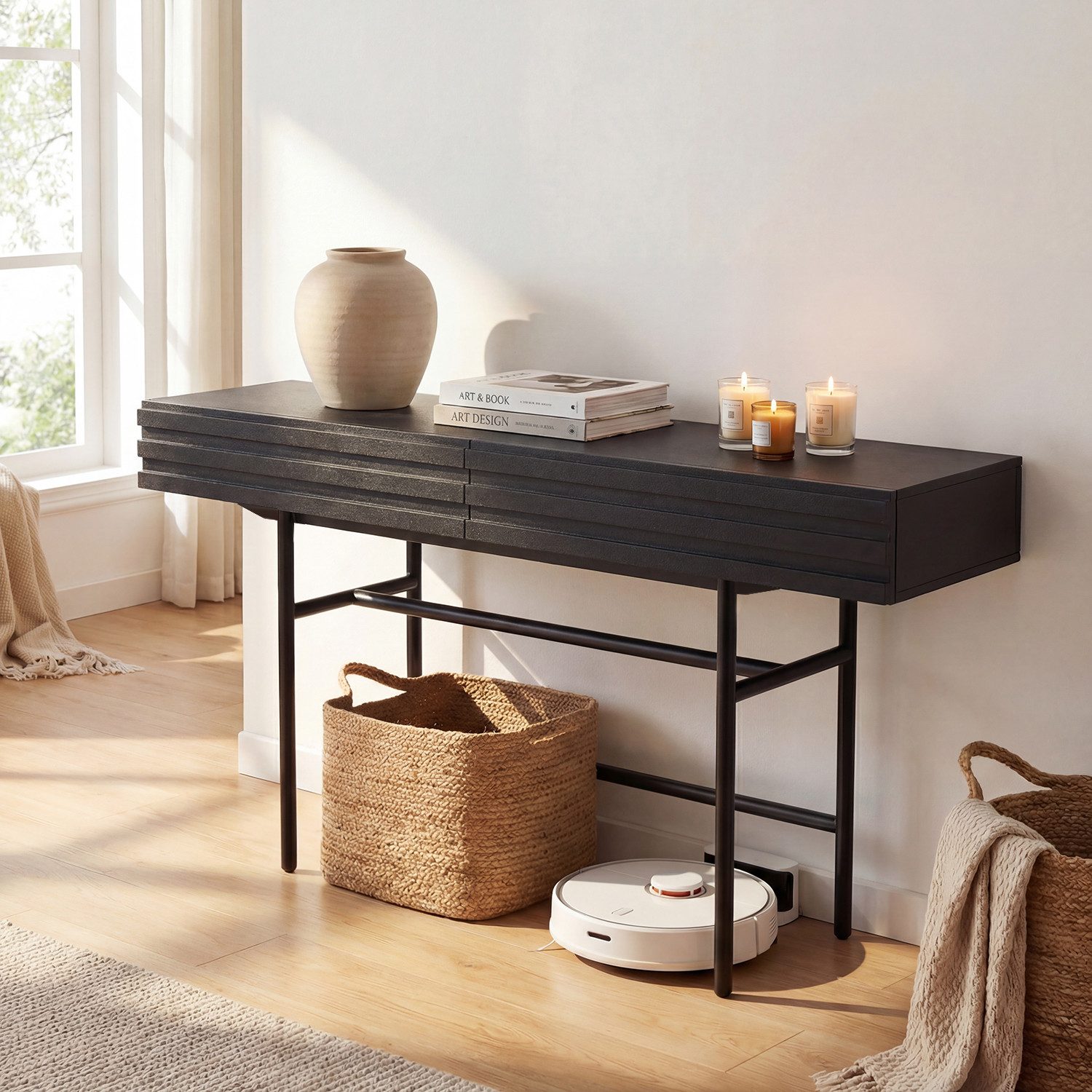 FUFU&GAGA Sideboard 160cm, Rillen-Design, Schwarz