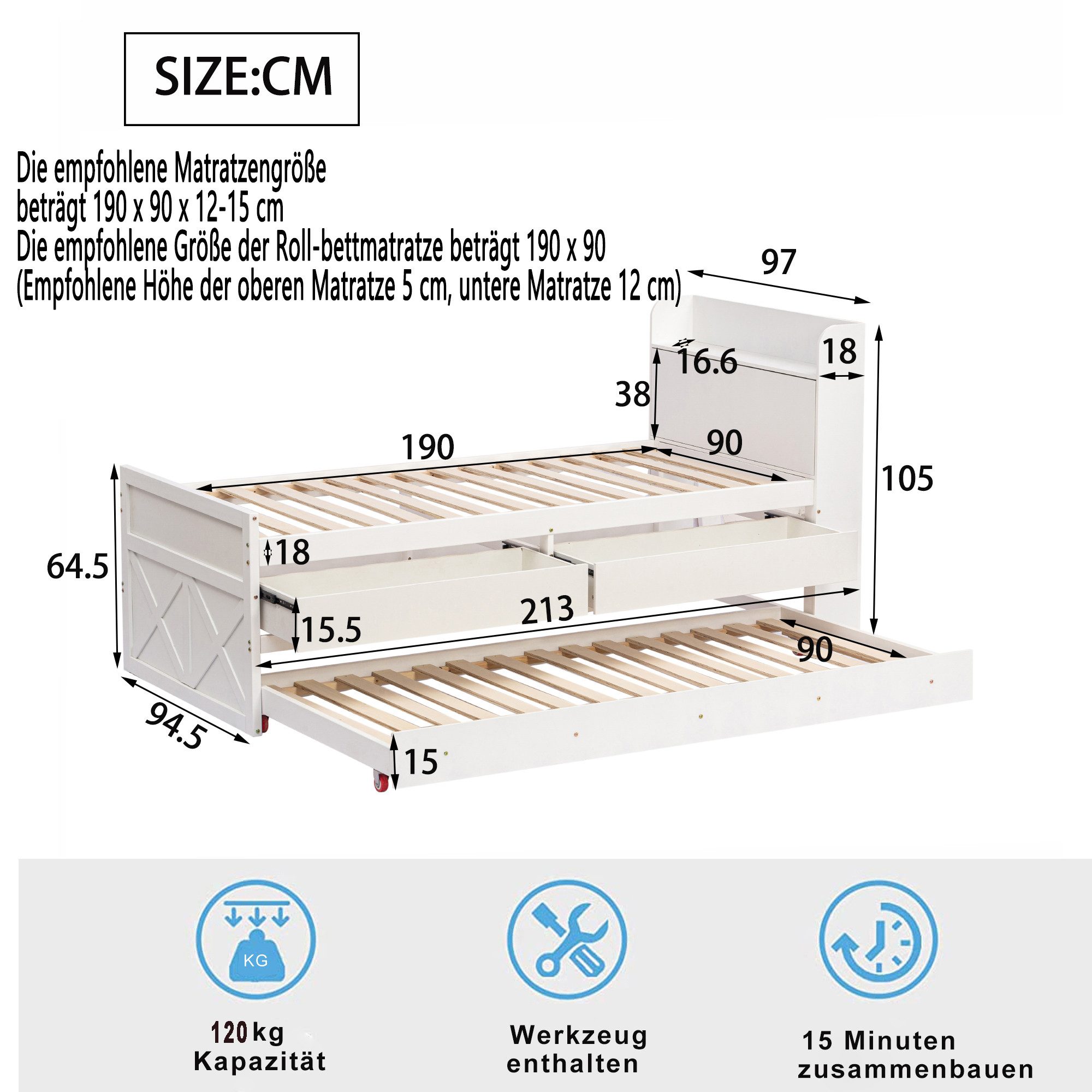 Merax Einzelbett, Massivholzbett Einzelbett 90x190cm mit Ausziehbett und USB
