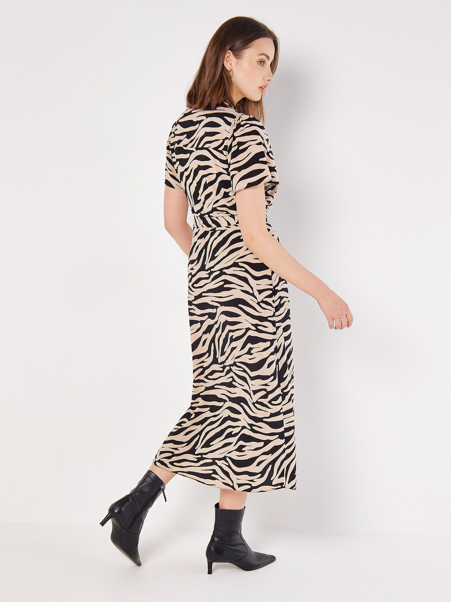Apricot Midikleid Zebramuster Hemdblusenkleid (Stoffgürtel) mit Seitentaschen