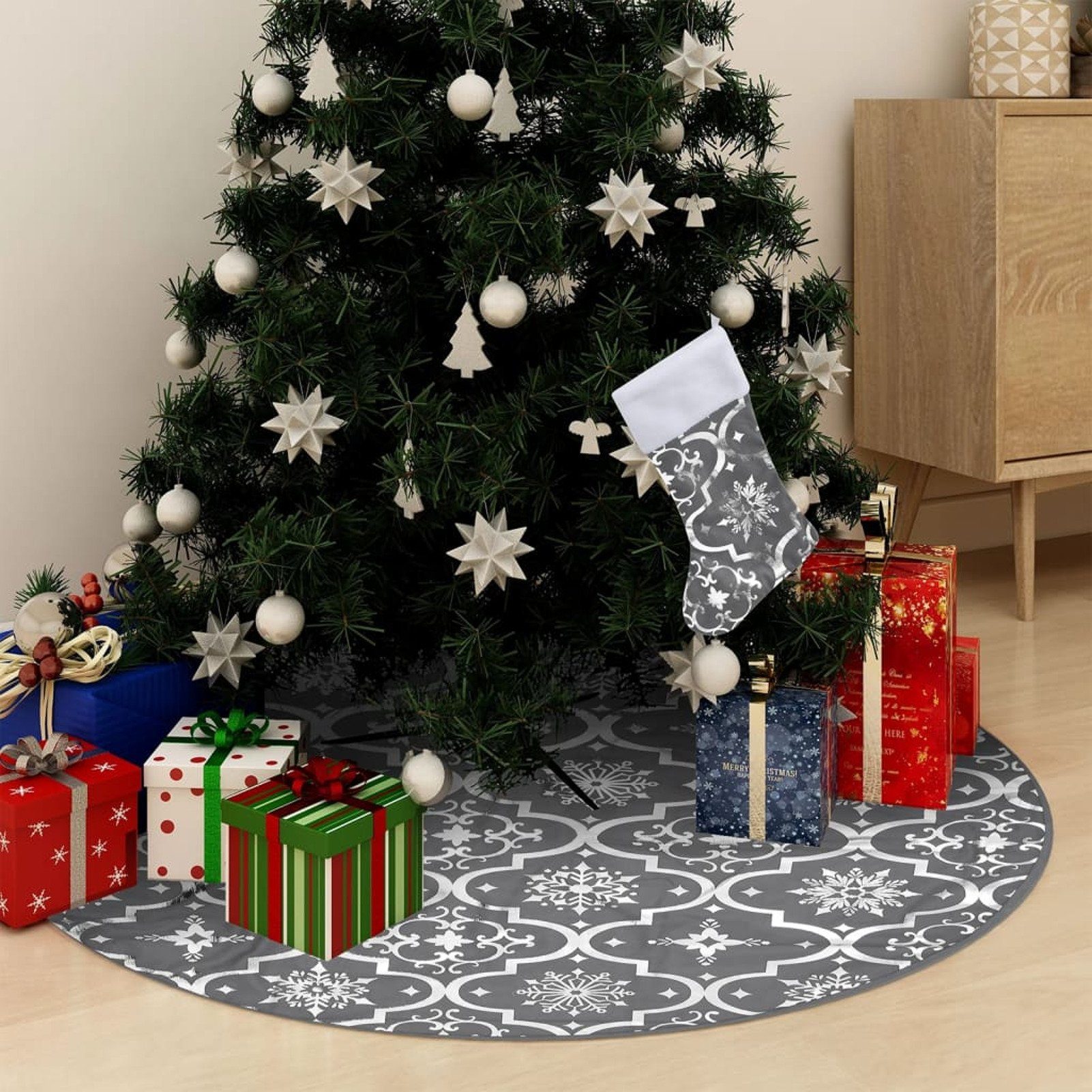 Luxus-Weihnachtsbaumdecke mit Stoff 90 Weihnachtsbaumdecke Socke Grau cm vidaXL