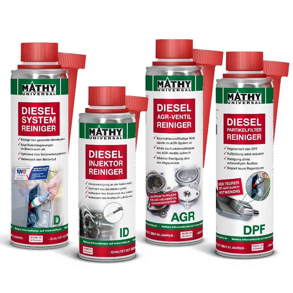 MATHY Diesel-Additiv MATHY Diesel-Komplett-Kur, 1,05 l, (Spar-Set, 4-St., 1 x MATHY-D + 1 x MATHY-AGR + 1 x MATHY-ID + 1 x MATHY-DPF) Reinigt das System, Brennraum, Injektoren, AGR-Ventil und DPF