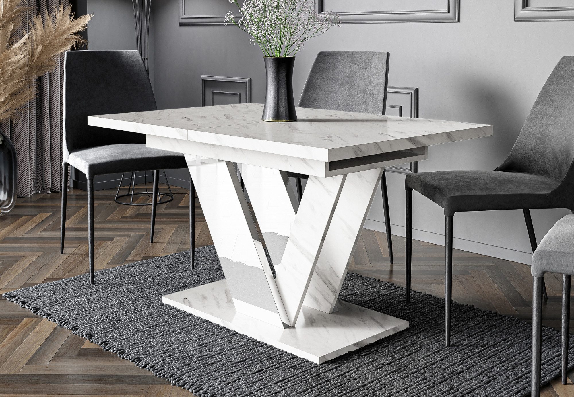 Home Collective Esstisch ausziehbar Tisch Küchentisch Esszimmertisch Ausziehtisch (Esszimmer Küche Wohnzimmer Esstisch erweiterbar), modernes Design mit V-Gestell 120-160x80 cm Weiß Marmor-Optik