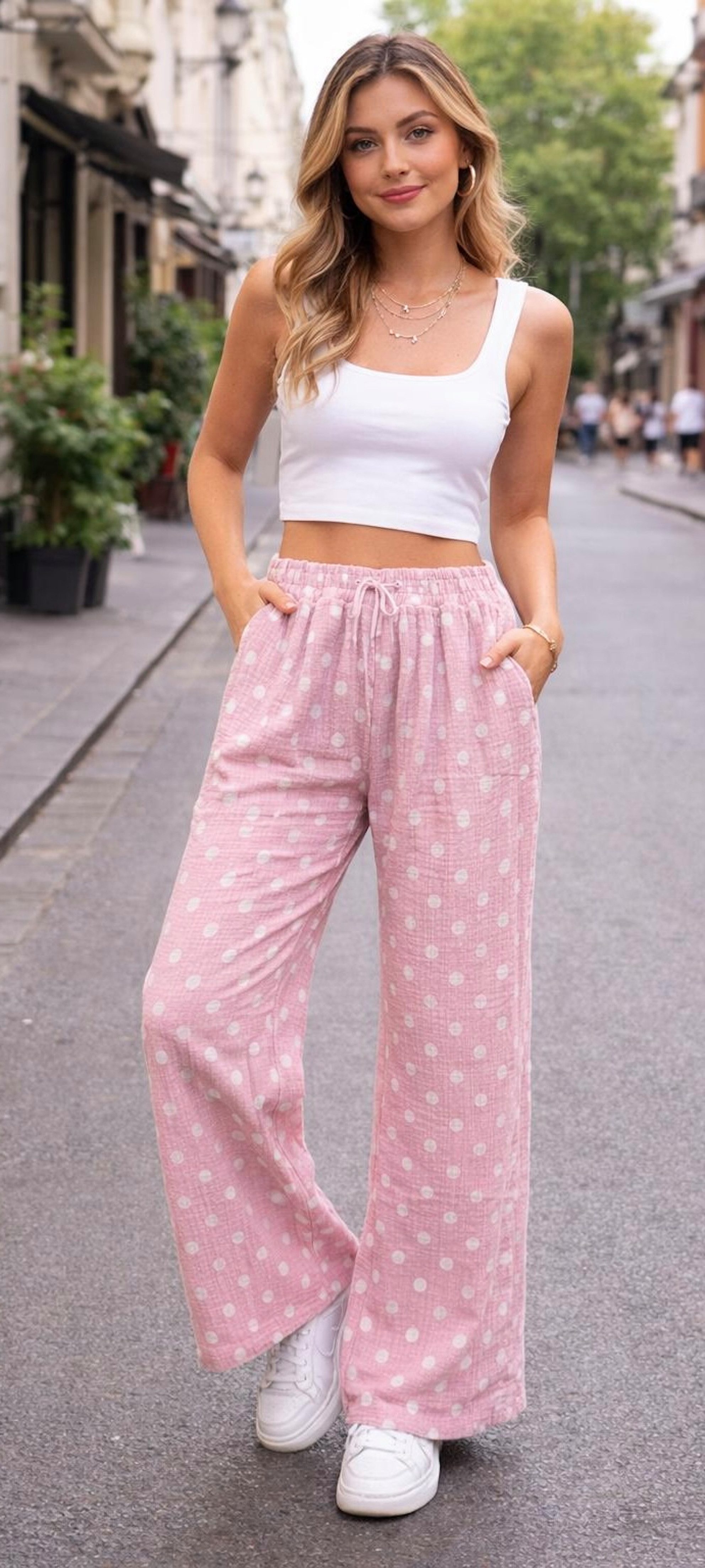 Stoffhose Worldclassca Musselinhose mit Punkten Stoff Elastischer Bund Luftig