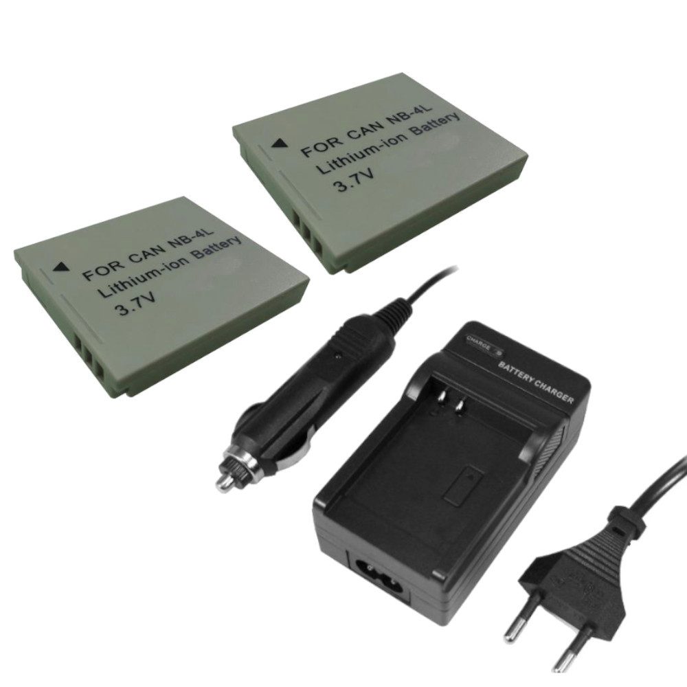 Trade-Shop 3in1 Set passend für Canon Powershot SD500 SD600 SD630 Ladegerät + 2x Kamera-Akku Li-Ion 850 mAh (3,7 V), Für 220V Steckdose und 12V/24V Kfz Zigarettenanzünder