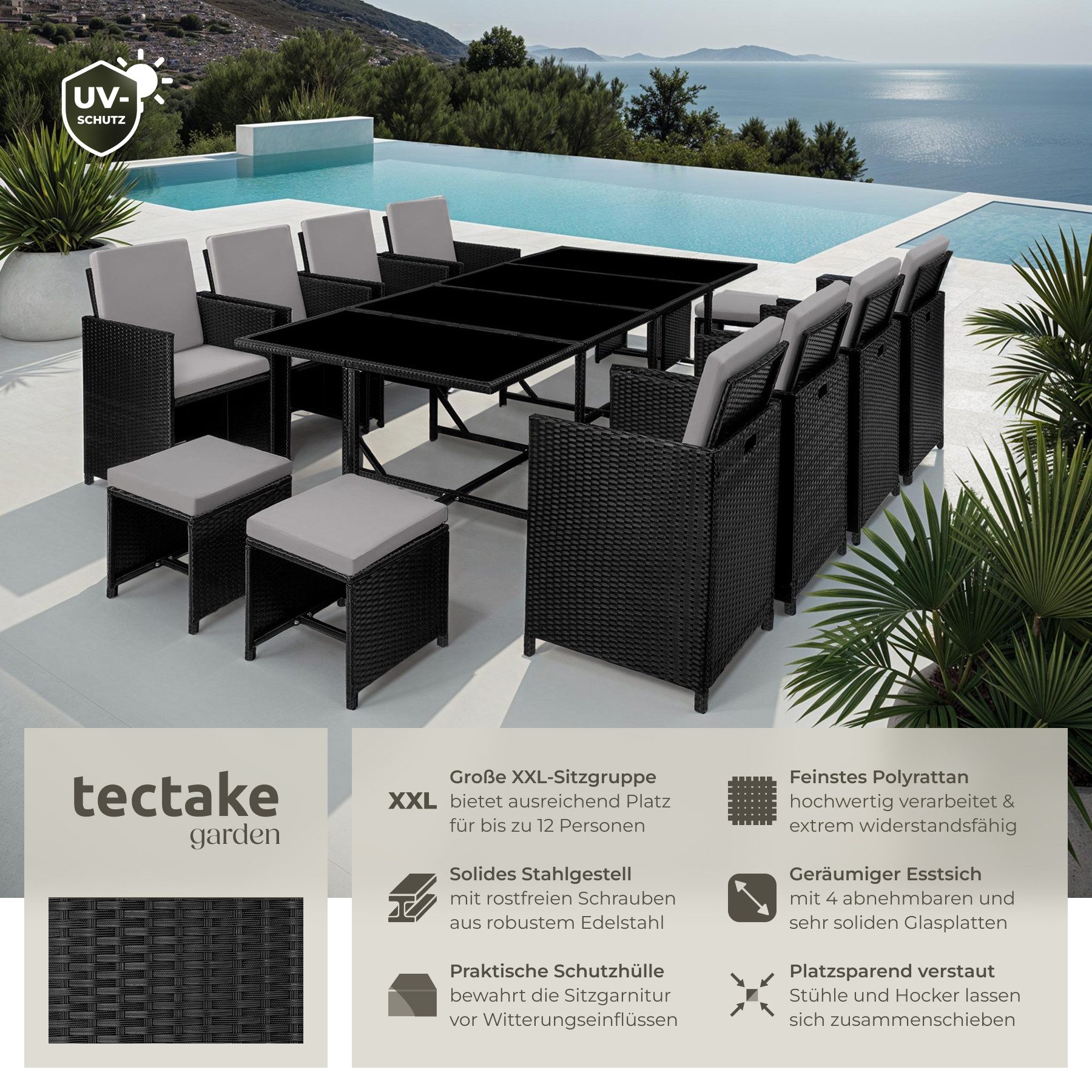tectake Sitzgruppe Rattan-Gartenlounge für 8 bis 12 Personen, Inkl. Schutzhülle, (Loungeset Palma, 12-tlg., für Außen in Schwarz/Grau), widerstandsfähig, UV-beständig, mit Sicherheitsglasplatten