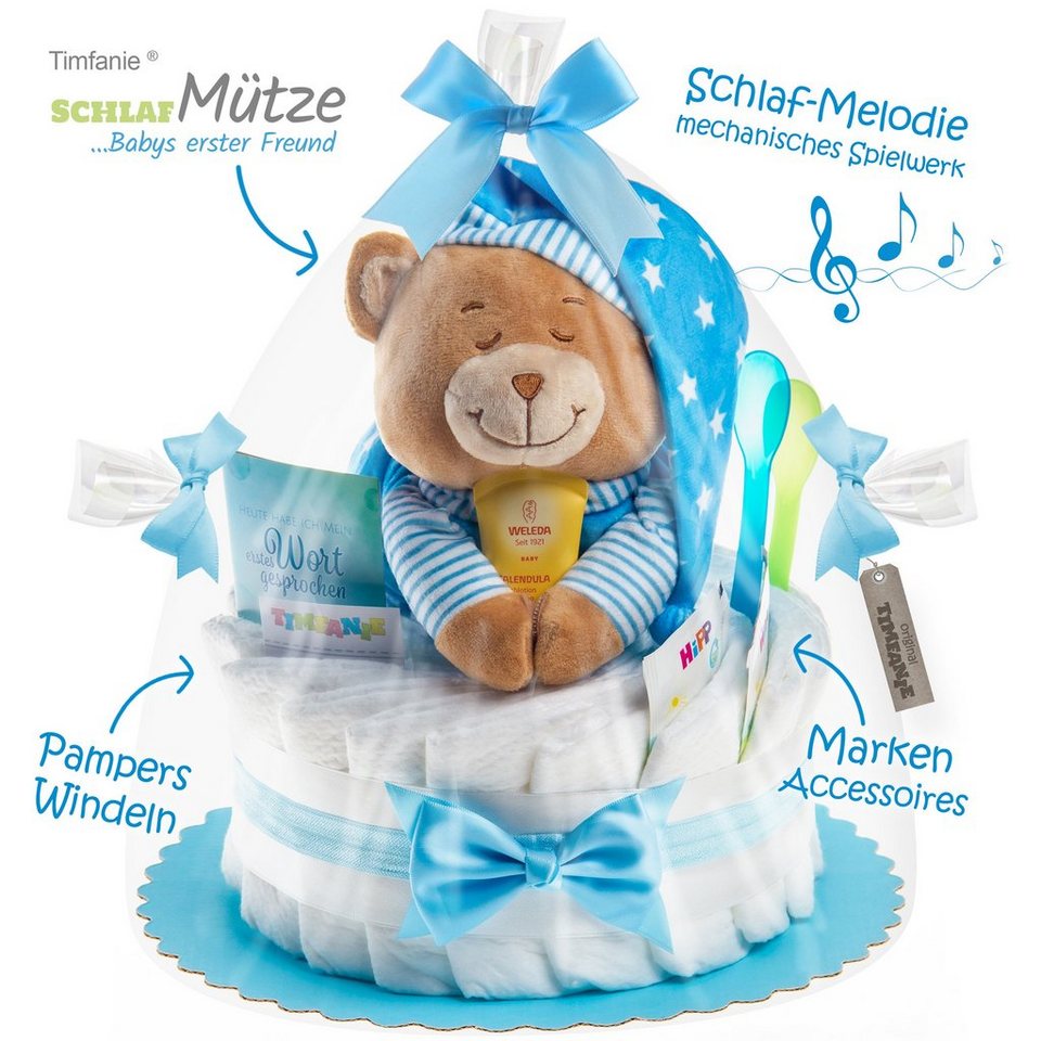 Timfanie Neugeborenen-Geschenkset Windeltorte, Spieluhr Schlafmütze, blau,  0-8 Monate (rosa, 28-tlg., mit Grußkarte) Einzelanfertigung