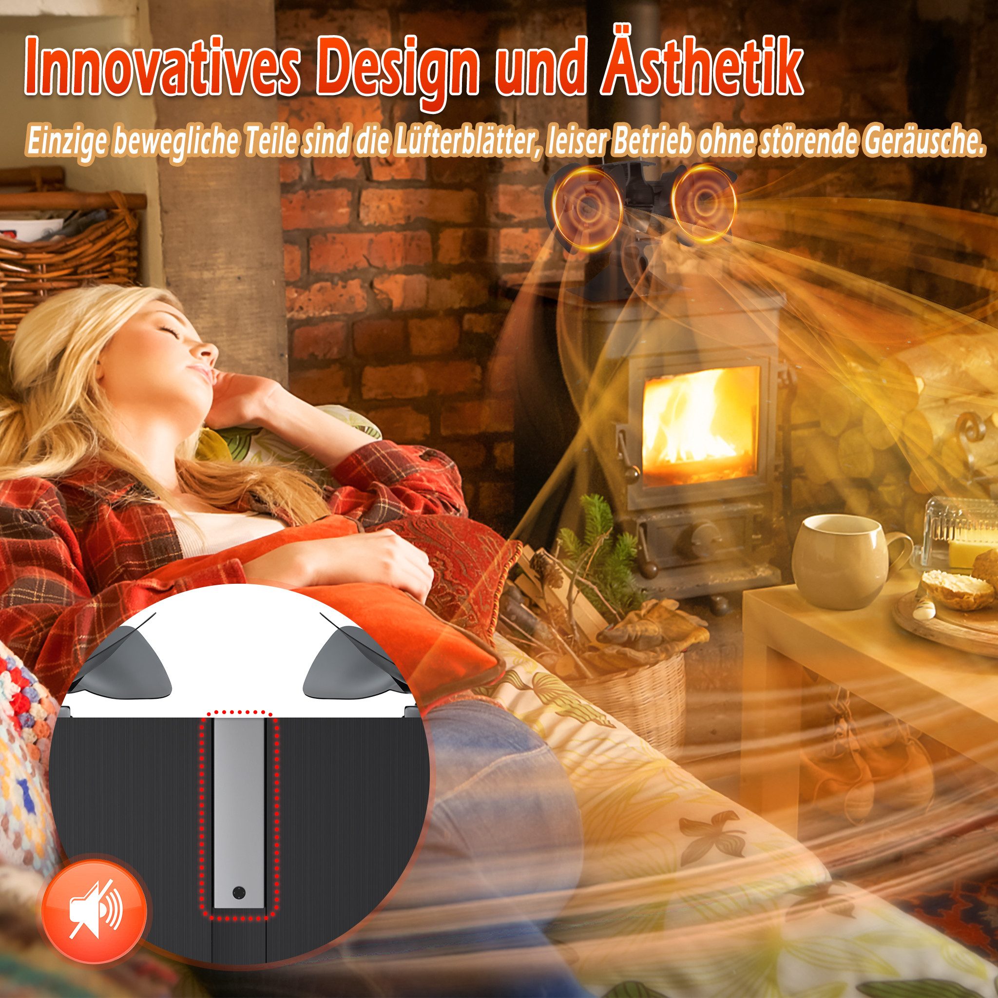 FIVMEN Kaminventilator 8 Blätter Mit 2 Motoren Kaminventilator Ofenventilator Ohne Strom, für Kaminofen/Kamin/Ofen/Holz, Ofenventilator Doppelt – Bild 3 von 5