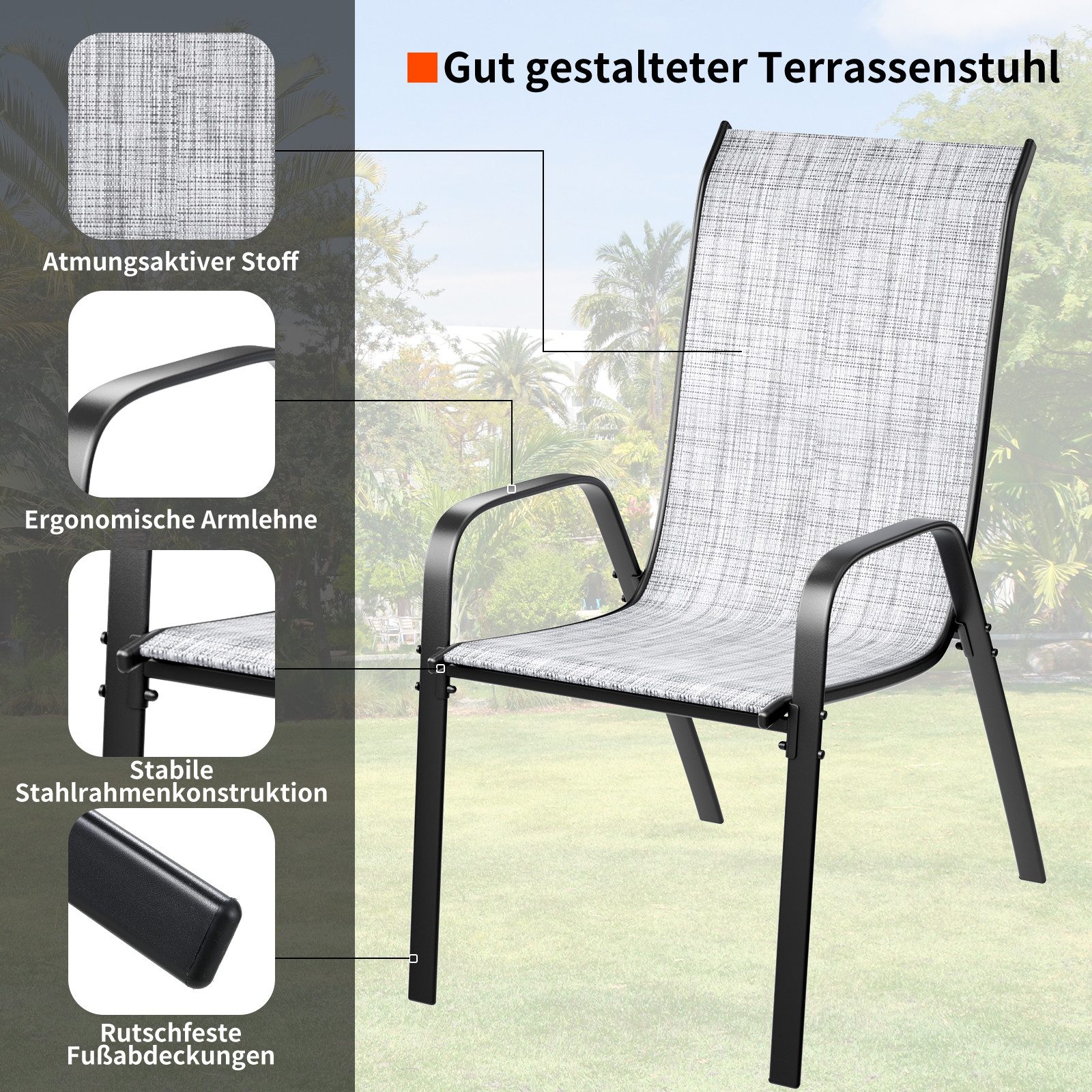 TLGREEN Stapelstuhl Gartenstühle Stapelstuhl,Camping Stapelbar Hochlehner, (Terrassenstuhl Textilene Stahlgestell für Gärten Innenhöfe Balkone Restaurants, 6 St), 150 kg Belastbar