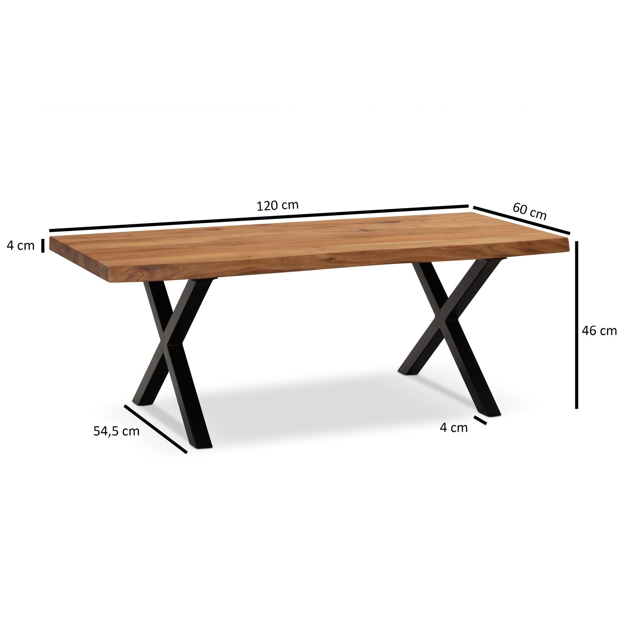 FINEBUY Couchtisch FB100789 Akazie Massiv 120cm · Wohnzimmertisch Baumkante X-Gestell (Tisch mit Baumkante, Massivholz Akazie 120 x 60 cm), Sofatisch Trapezbeine, Großer Wohnzimmertisch