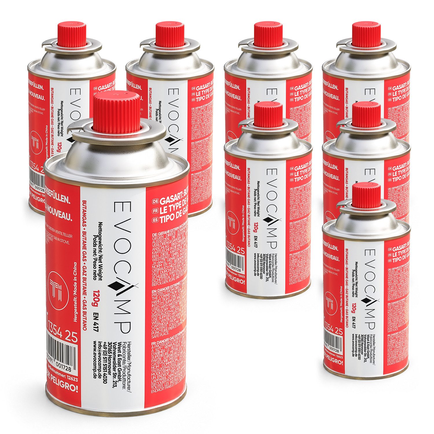 EVOCAMP Gaskartusche Butangas 120 g mit Bajonettventil nach EN 417, Zubehör für Gasbrenner, 8 St., Gas für Campingkocher & Gasbrenner