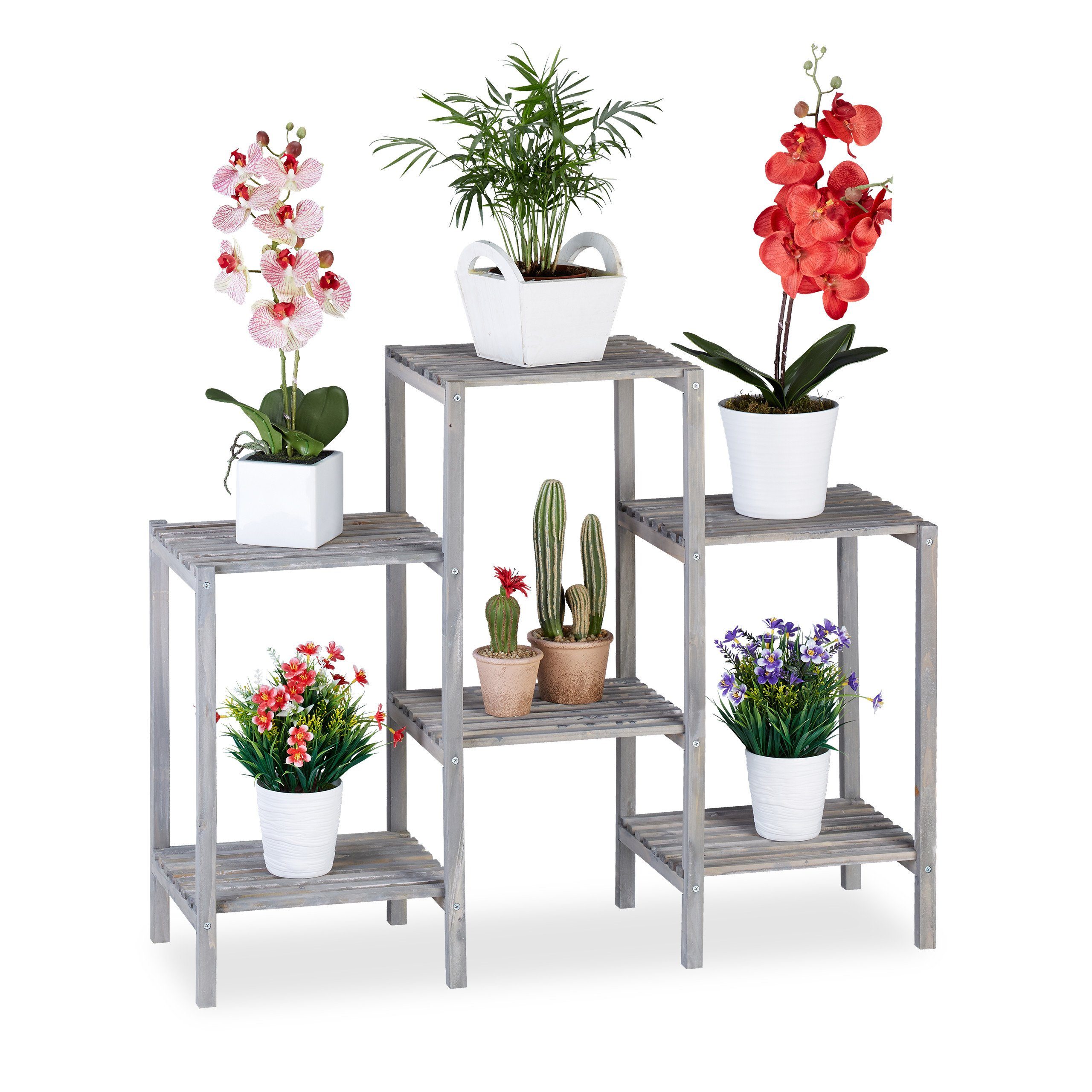 relaxdays Pflanzentreppe Graues Blumenregal aus Holz, günstig online kaufen