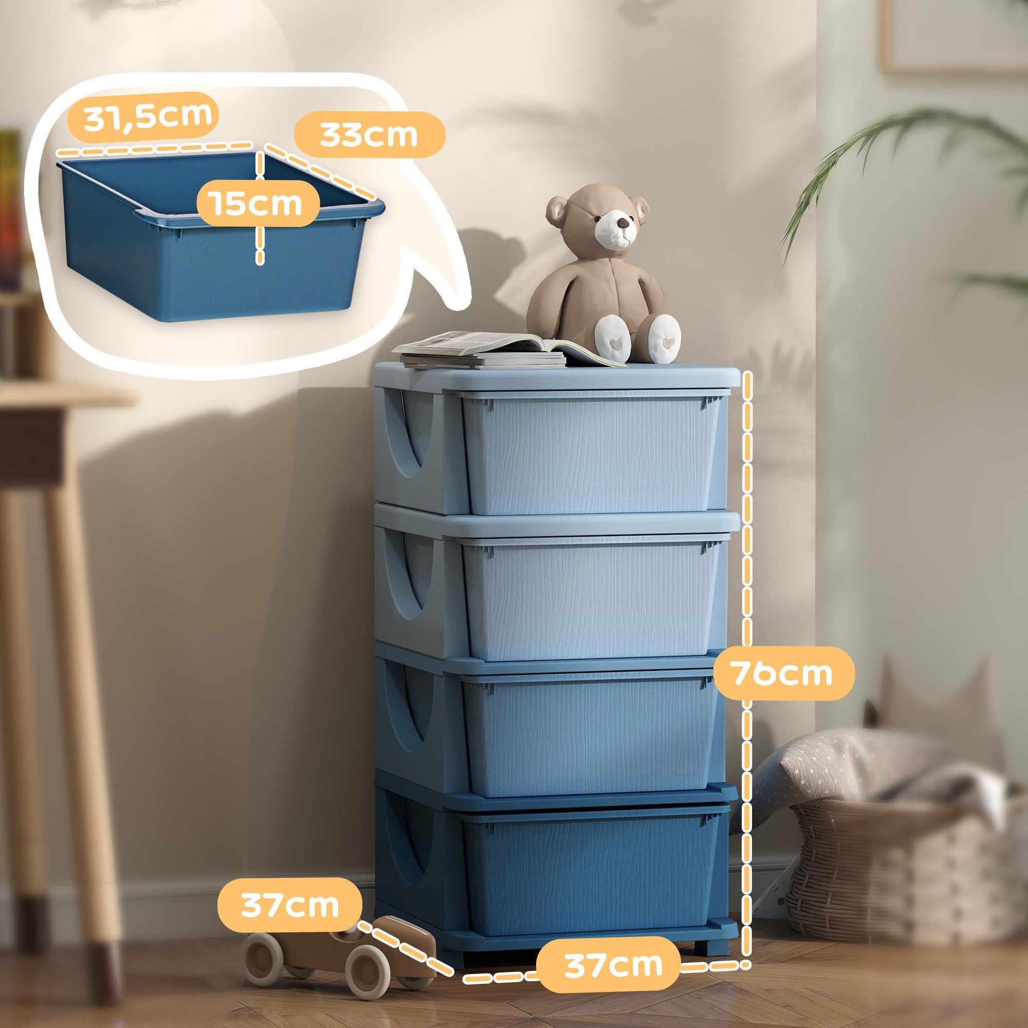 HOMCOM Spielzeugtruhe Schubladenschrank mit Stauraum, Spielzeugkiste, drei Ebenen (Spielzeugkiste, 1 St., Spielzeug-Organizer), für Kinderzimmer 3-6 Jahre Kindermöbel Blau 37 x 37 x 76 cm