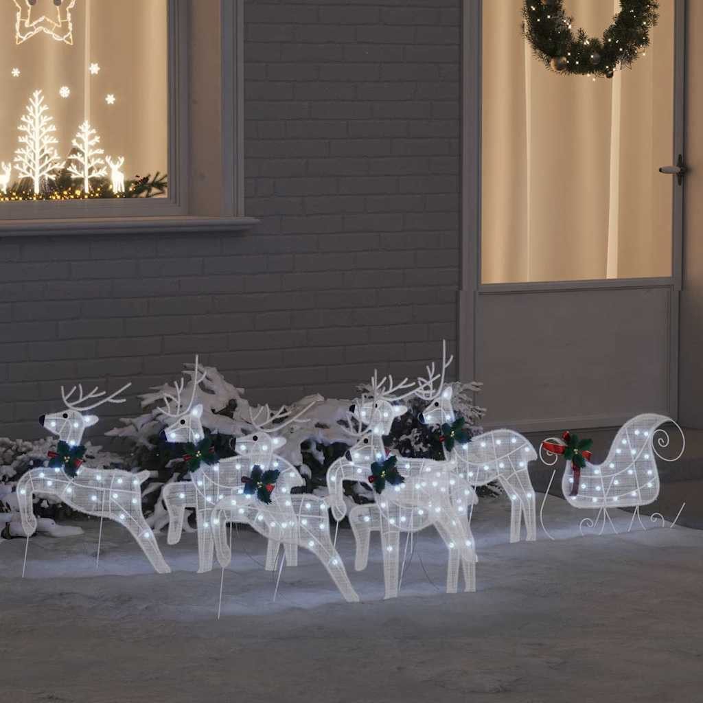 vidaXL Weihnachtsszene, LED Rentiere 7 pcs Weiß Stoff