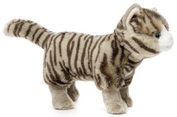 Uni-Toys Kuscheltier Katze mit Stimme (grau-getigert), stehend - 35 cm (Länge) - Plüschtier, zu 100 % recyceltes Füllmaterial