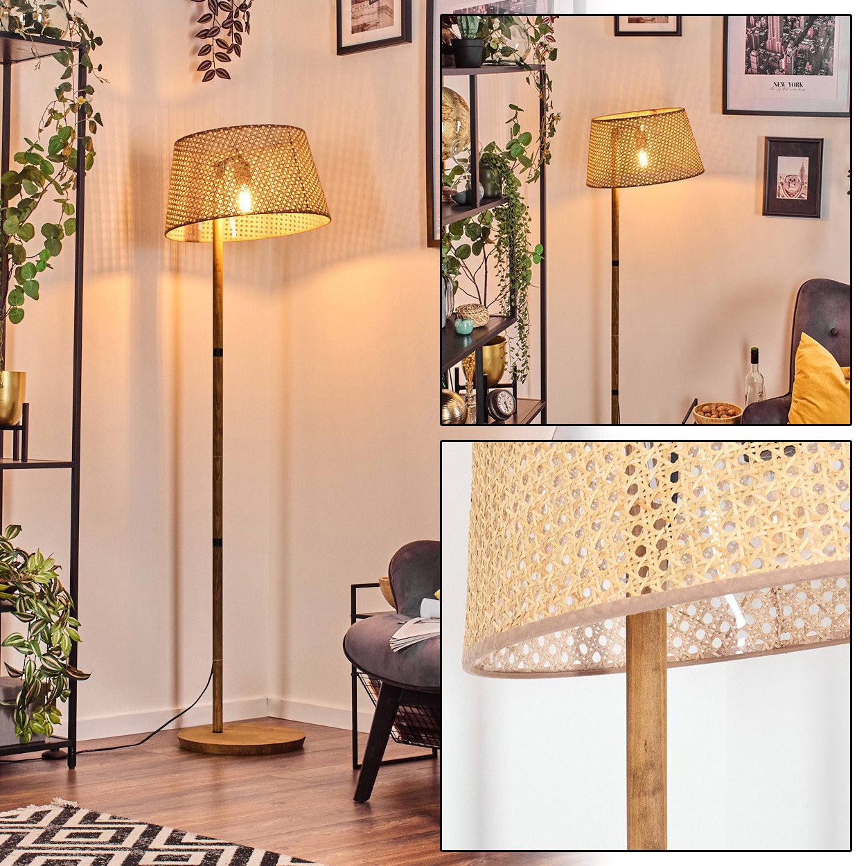 hofstein Stehlampe Stehlampe mit Holzfuß und Schirm aus Rattan/Wienergeflecht, ohne Leuchtmittel, Boho-Style, skandinavisches Design (45 cm), Fußschalter, 1 x E27