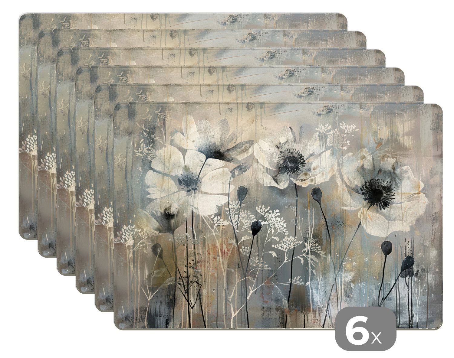 MuchoWow Platzset Blumen - Pflanzen - Grau - Abstrakt, (6-St), Platzsets, Tischset, Abwaschbar, Tischsets, Platzdeckchen