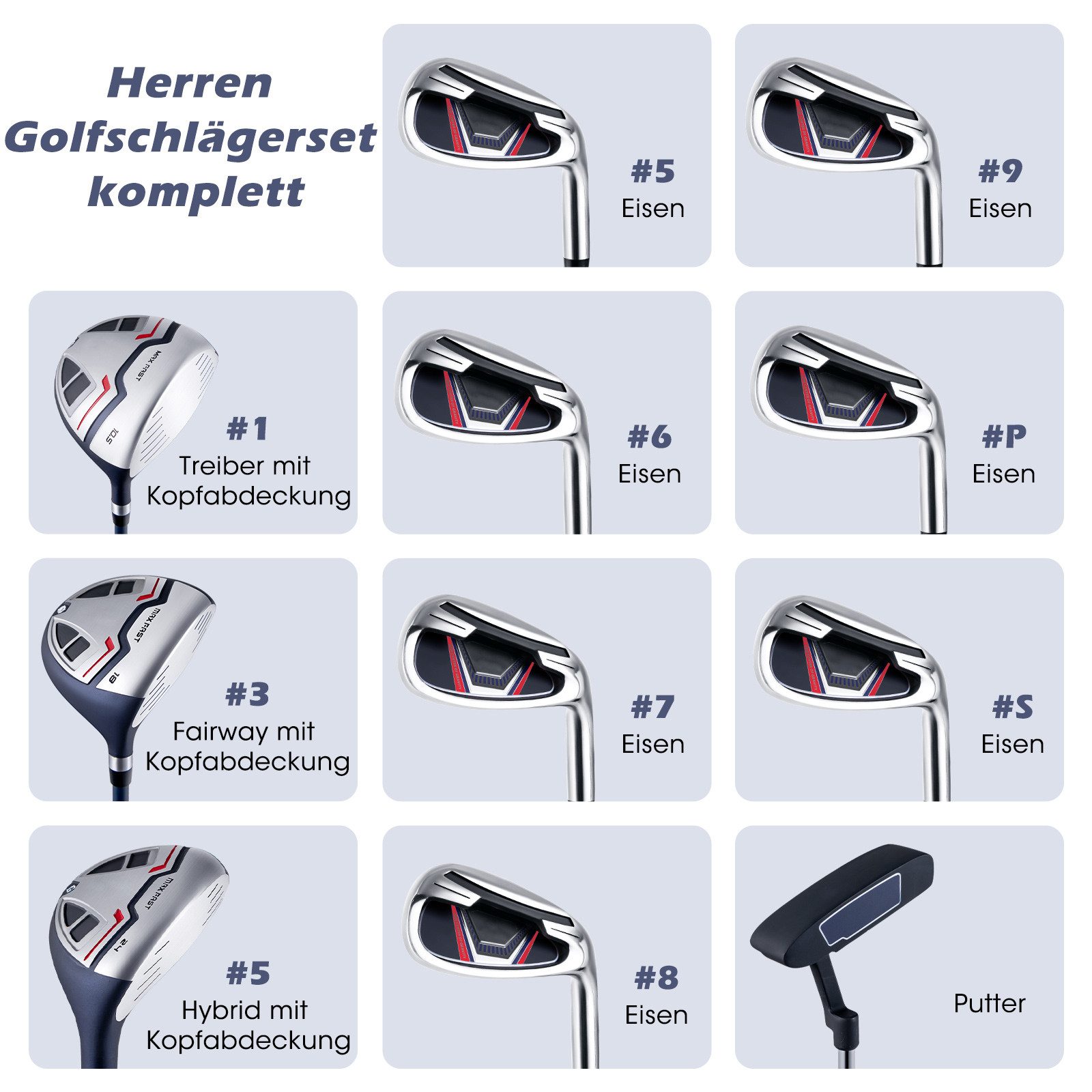 COSTWAY Golfschläger + Golfbag, 11-tlg., Golfschläger Komplettset für rechtshändig, Herren